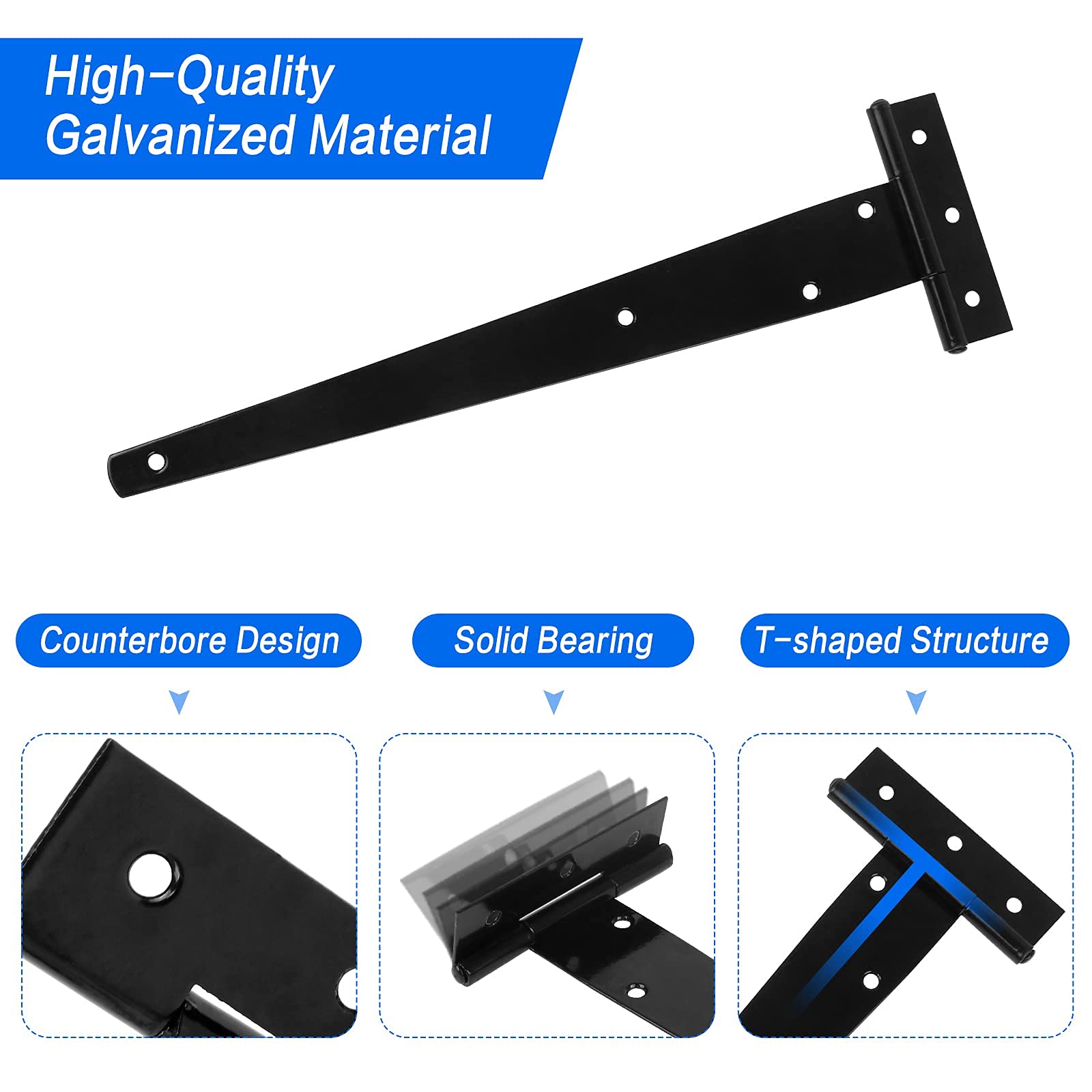 2 Piezas Bisagra T Negra Resistente de Madera, 12 Pulgadas en Zinc para Cocina, Ventanas, Vallas, Cobertizos y Puertas - Con 20 Tornillos