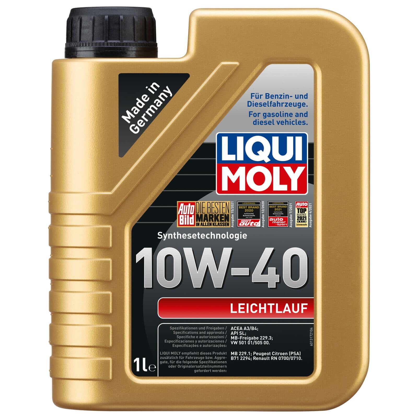 LIQUI MOLY Leichtlauf 10W-40 | 1 L | Synthesetechnologie Motoröl | Art.-Nr.: 1317, farblos