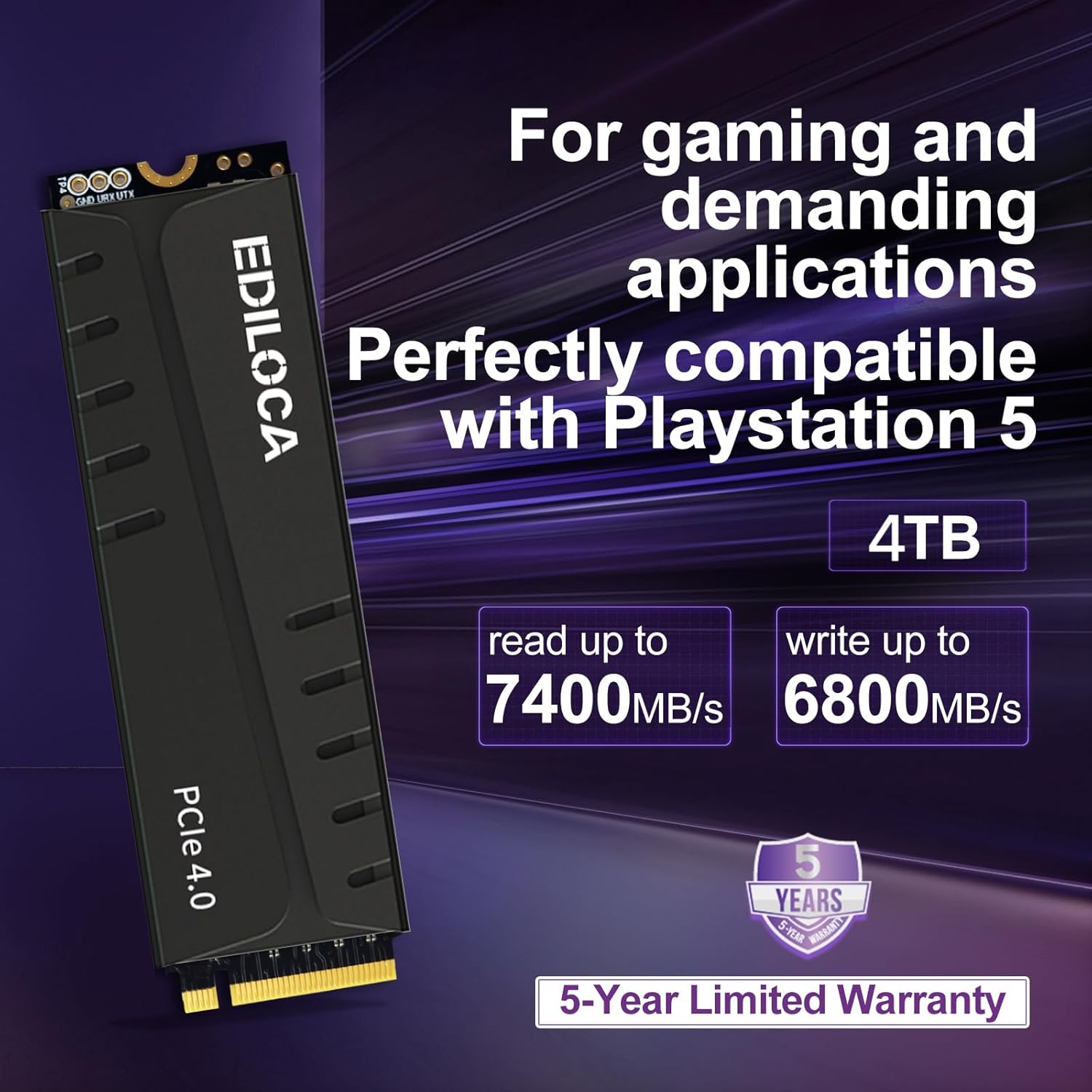 Ediloca EN855 Internal Gaming SSD with Heatsink 4TB PCIe Gen4, NVMe M.2 2280, Up to 7400MB/s, Solid State Drive, Configure DRAM Cache, Compatible with PS5 and PC - Image 3