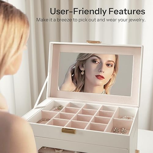 Miniatura 5 de HOOBRO Joyero con espejo, organizador de joyas de viaje con ventana de cristal, estuche de almacenamiento de joyas, almacenamiento vertical, regalo