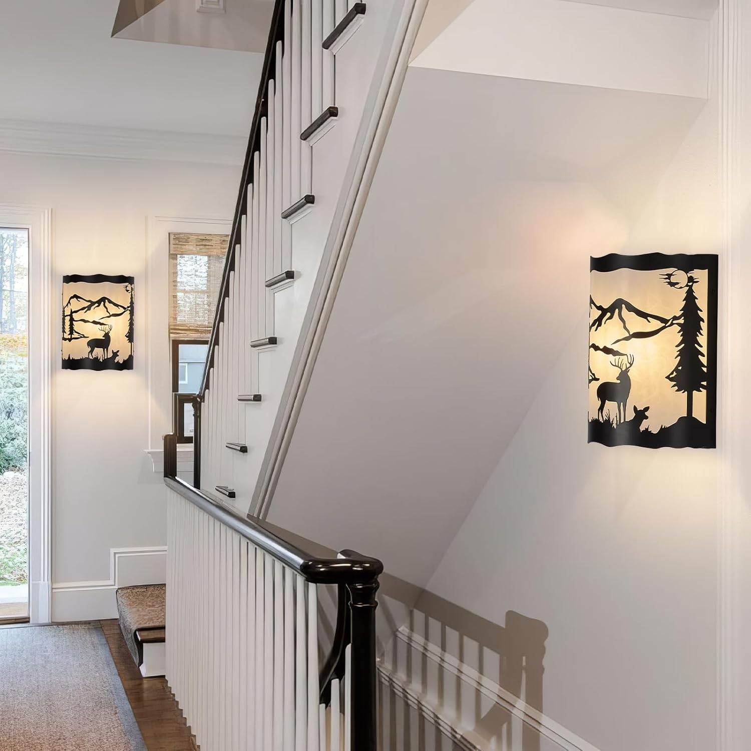 Rustic Deer Sconce Wall Lamp with Shade – E26 Base, Large Modern Farmhouse Wall Light for Bedroom, Living Room, Hallway, Stairway, Headboard, Porch-13 H*10 W*5 D（in）