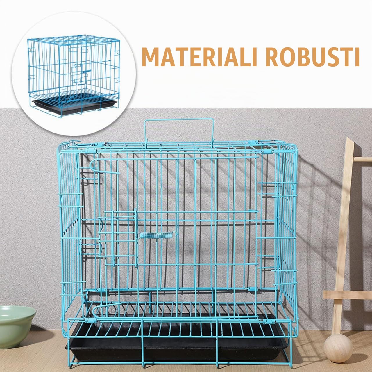 Gabbia Portatile per Gatti e Conigli in Ferro Verniciato Blu con Vassoio Trasportino Traspirante e Sicuro per Viaggi e Attività all Aperto