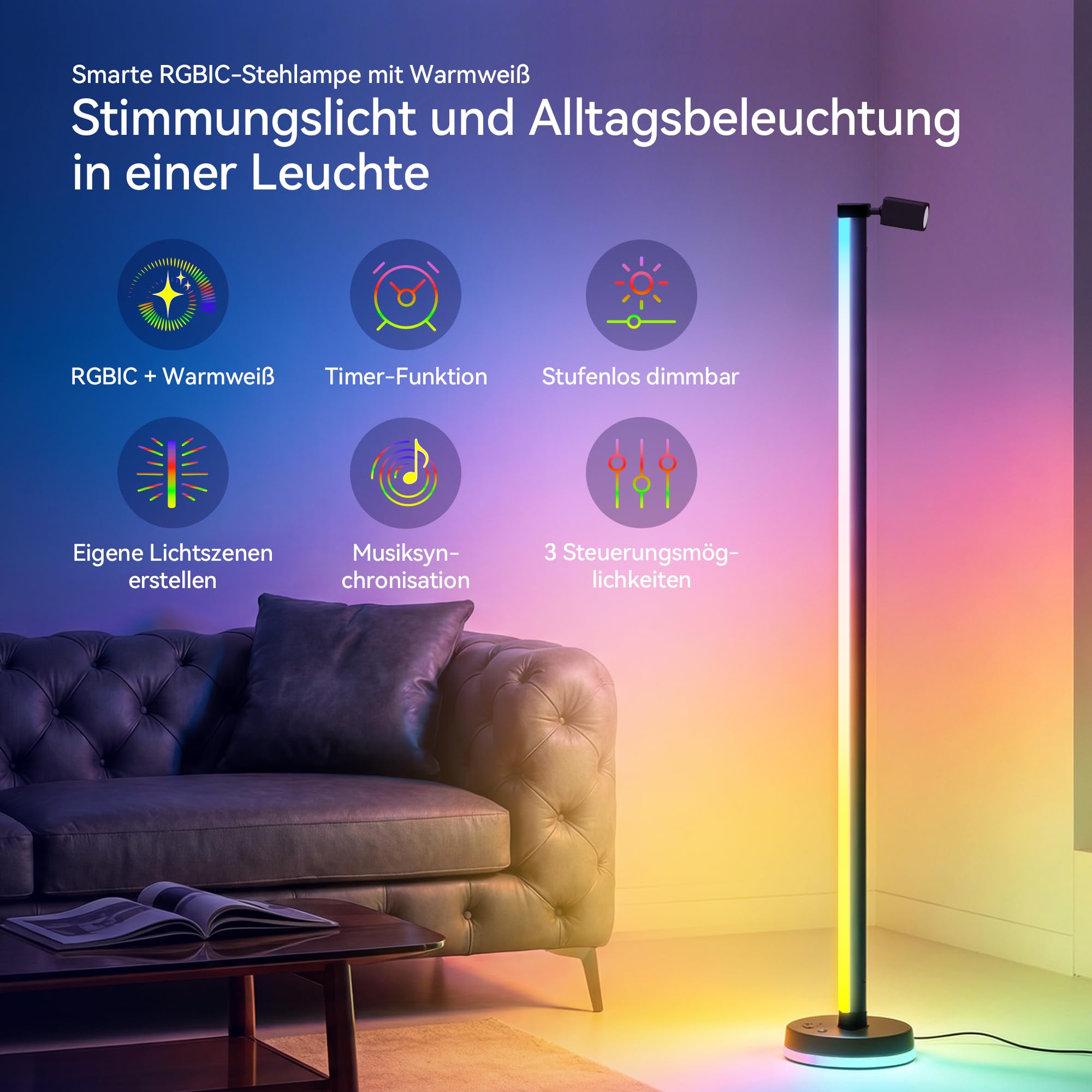 RGBICWW LED Stehlampe Wohnzimmer Dimmbar mit Leselampe 149,7cm | 16 Mio. Farben, 270° Licht, App & Fernbedienung, Musik-Sync, Timer für Schlafzimmer & Gaming, Lineora-02