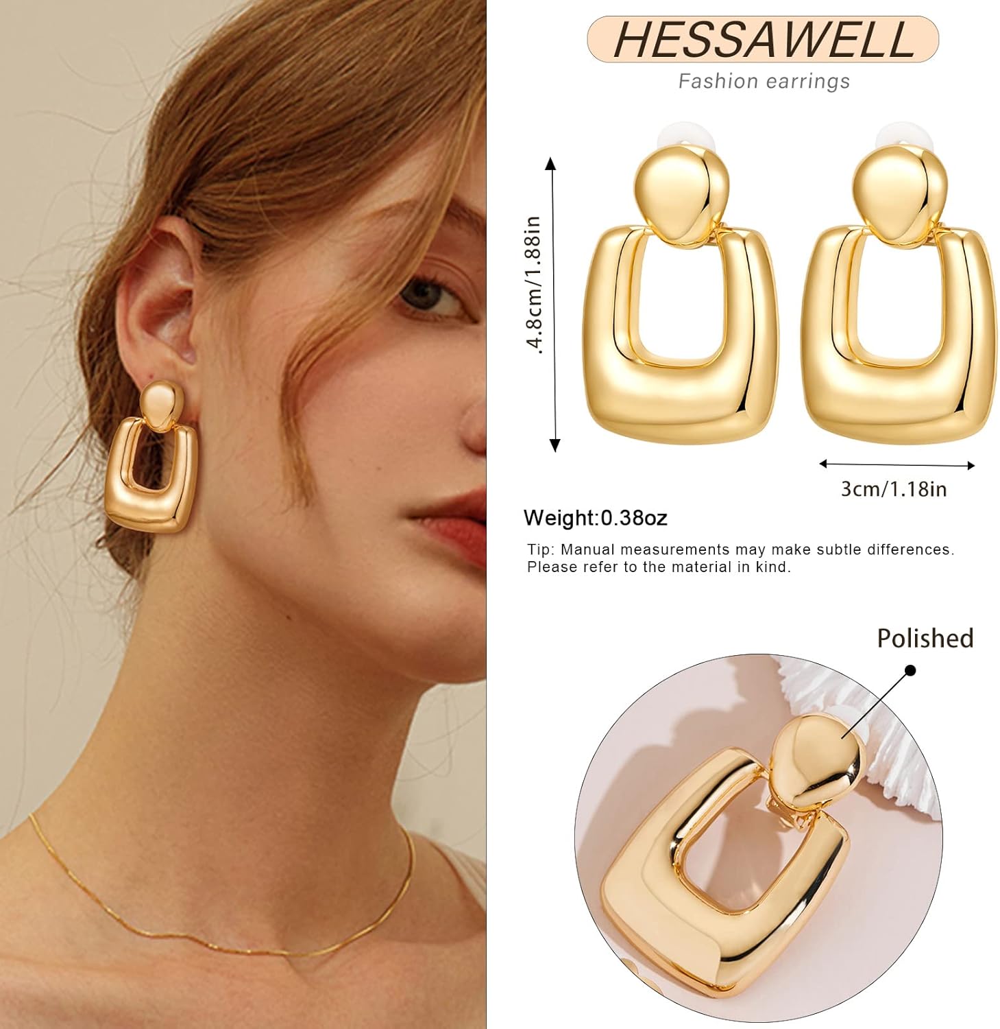 Polished Chunky Gold Dangle Clip-on Earrings for Women Geometric Hoop Clip Earrings for Birthday Jewelry - Image 4
