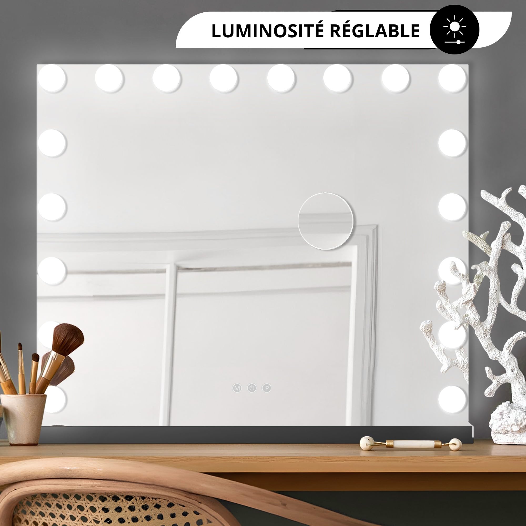 Bayt Miroir Maquillage Hollywood avec Éclairage 80x60 cm – Miroir LED Dimmable avec Grossissement 10x – Noir