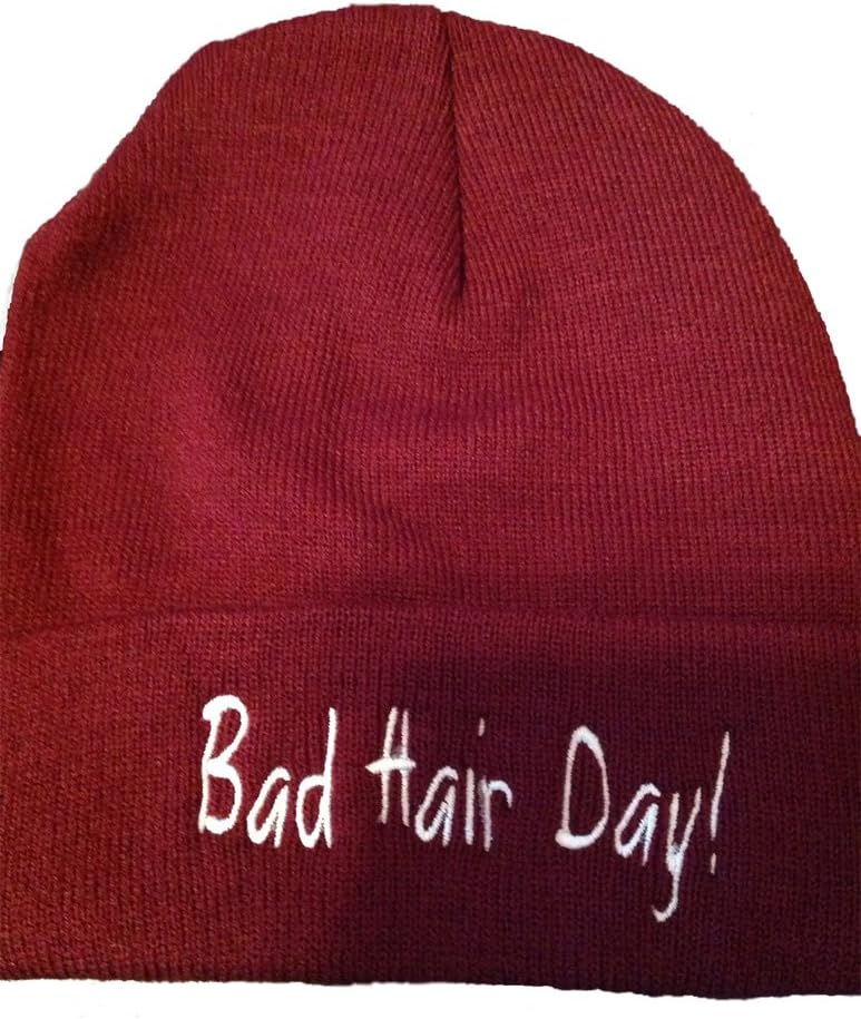 Bad Hair Day Beanie maroon hat white stitch