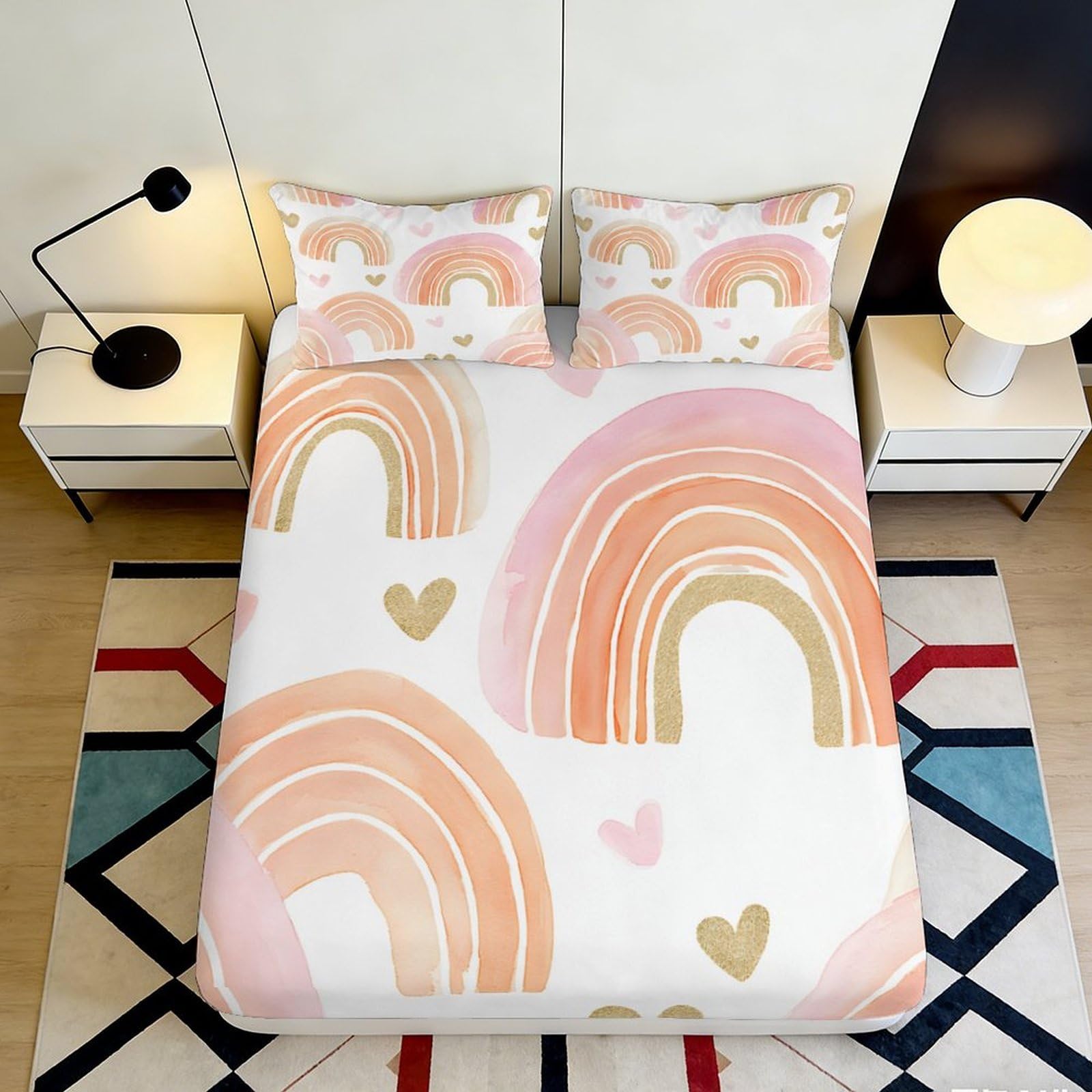 3D Printed Pastel Rainbow Fitted Sheet Microfiber Soft Breathable Heart Pattern Bed Cover for Bedroom Dormitory Guest Room Mattress Protection 140x200x25cm