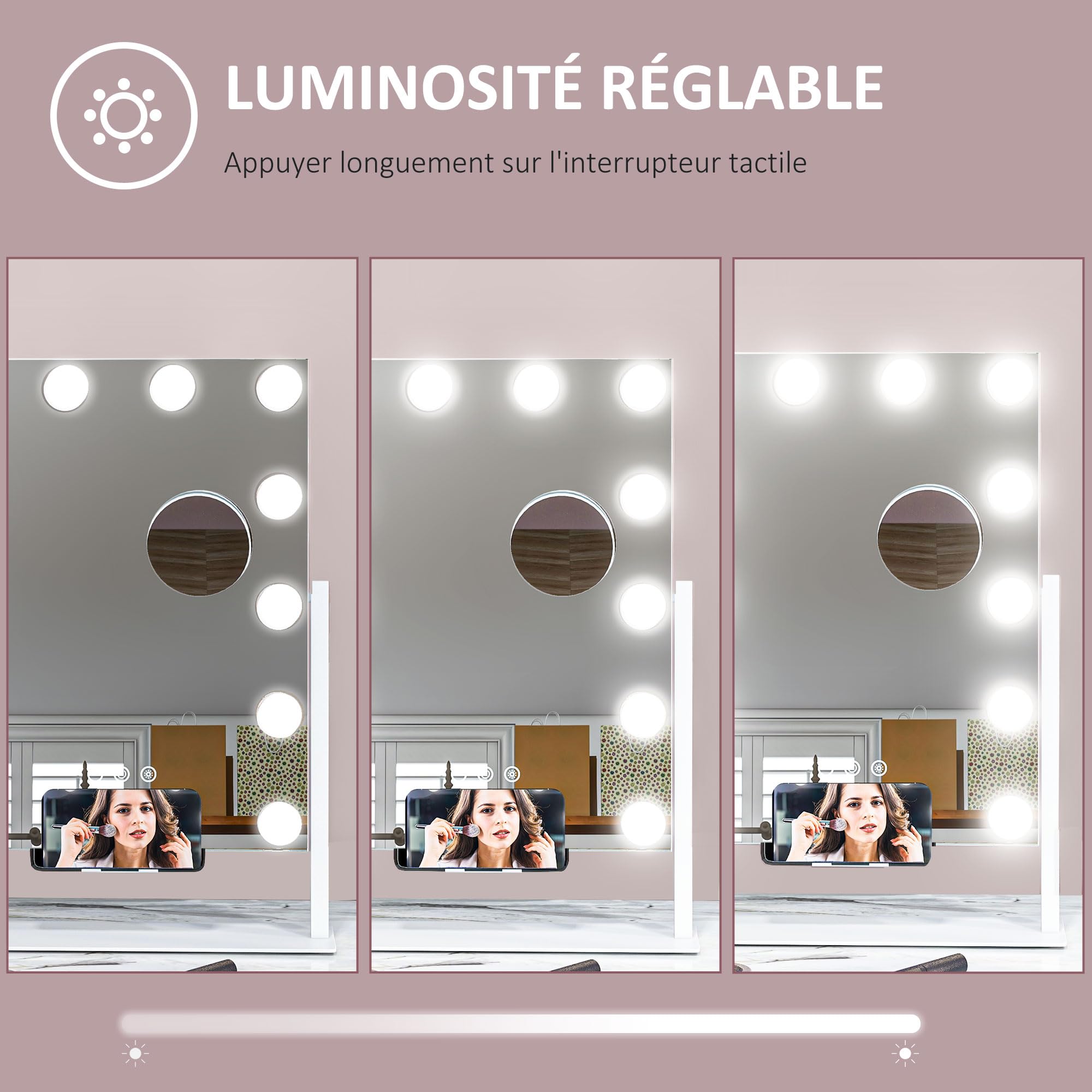 HOMCOM Miroir Hollywood Lumineux 36,5 x 45,5 cm Miroir Coiffeuse Blanc | LED 12 Ampoules, 3 Modes Luminosité Réglable, Rotation à 360°, Grossissement 10X, Port de Charge USB, Touche Tactile