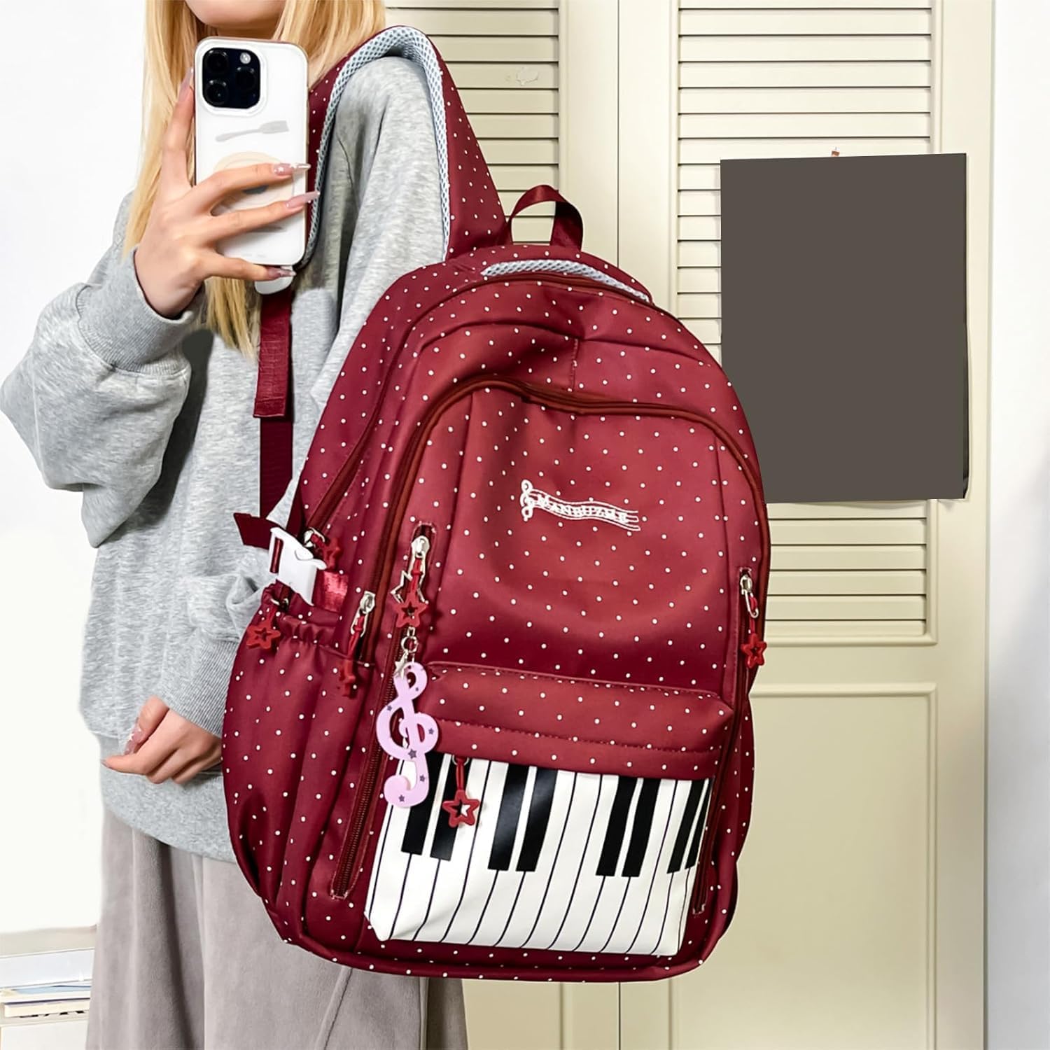 Mochila de Lunares, Bolsa Escolar Roja en Nylon con Teclas de Piano para Adolescentes (Blue-A)