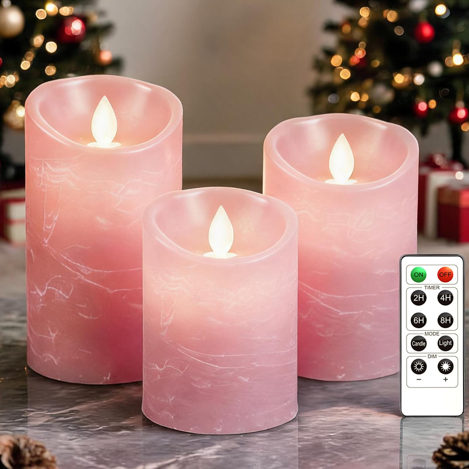 Candele LED, [Set di 3] Candela a Batteria a LED Senza Fiammacon Timer Telecomando Fiamma Tremolante, Luce Bianca Calda, Lumini LED Elettriche, Dimmerabili per Casa Festival Decorazioni - Rosa