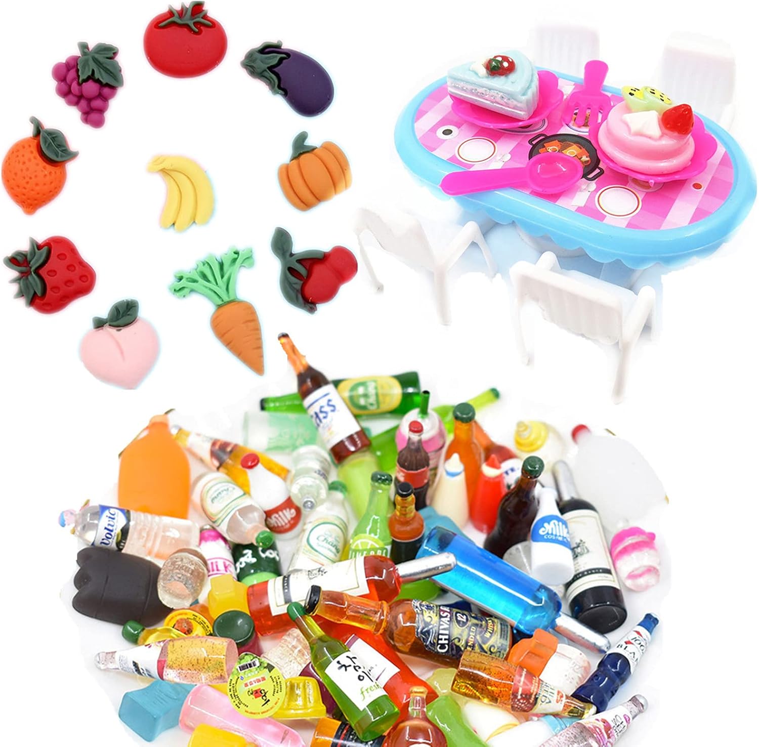 XHBTS 32 escala miniaturas casa de muñecas accesorios de cocina incluyen 10 frutas vegetales, 10 mini botellas de vino copas de champán, 12 mini silla de mesa para decoración de casa de muñecas