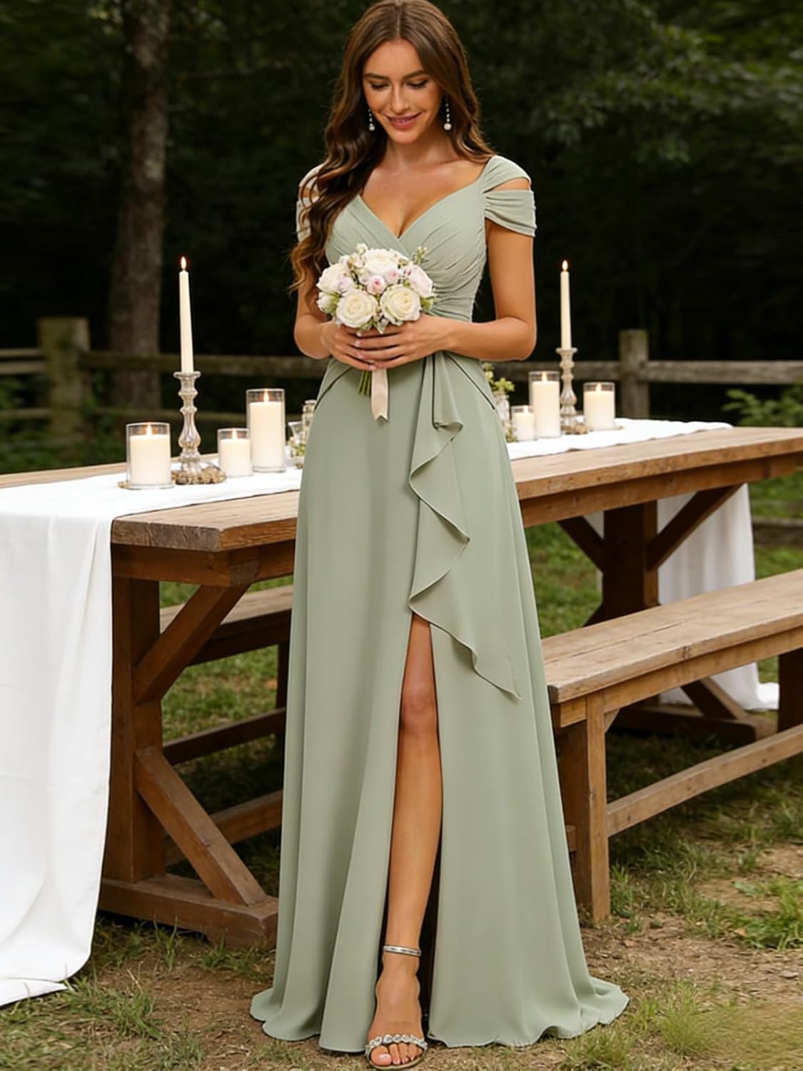 CuteMe Women's Off Shoulder Ruched Bridesmaid Dresses with Pockets Slit Chiffon Long Formal Evening Dress CC023 - Image 3