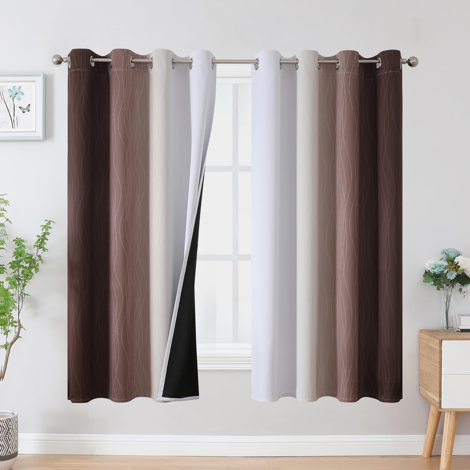 Estelar Textiler Brown and Greyish White Blackout Curtains 63 Inch Length 2 Panels Set, Full Room Darkening Grommet Ombre Curtains for Bedroom,