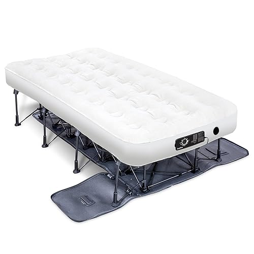 Ivation EZ®-Bed (Twin) Inflatable Air Mattress with Frame & Rolling Case, Built-in Deflate Defender™ Dual Pump Technology - 3 Min Self Inflate/Deflae Raised Blow up Bed on Legs, Premium Coil Design