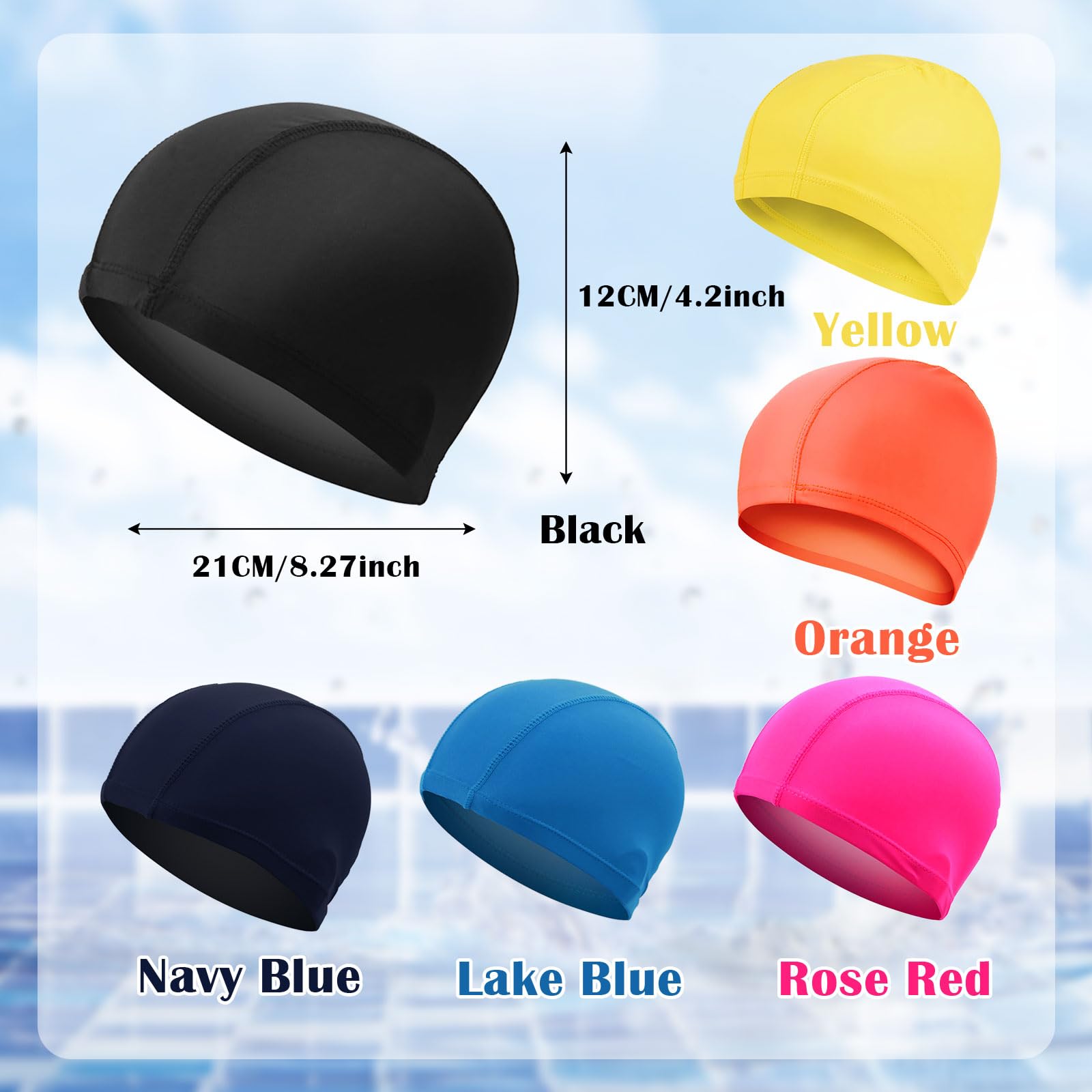 6 Pezzi Cuffia da Nuoto, Cuffia Piscina, Cuffia per Nuoto in Piscina Unisex, Cuffia da Nuoto in Tessuto, Cuffia da Bagno, Cuffie Nuoto per Uomo Donna Super Elastica e Leggera