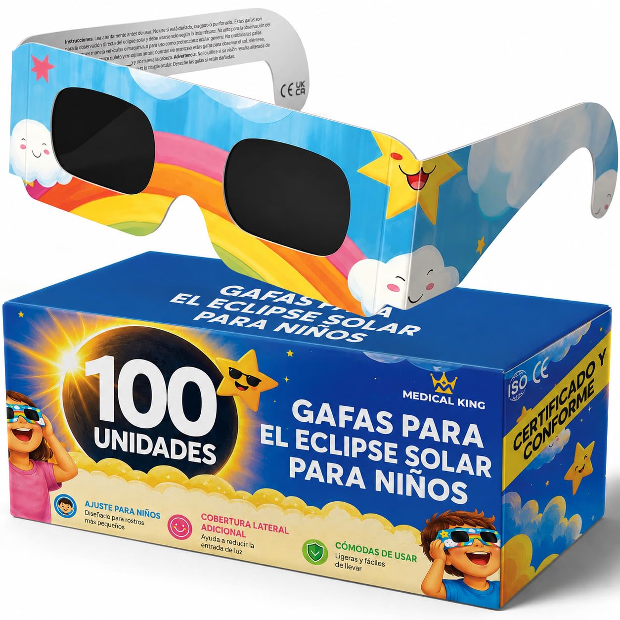 Medical king Gafas Eclipse Solar Homologadas ISO 12312-2 - Viene Con 2 Lentes Fotográficos Para Smartphone Aprobados según la norma ISO, con certificación CE: Gafas para ver eclipses solar 2026