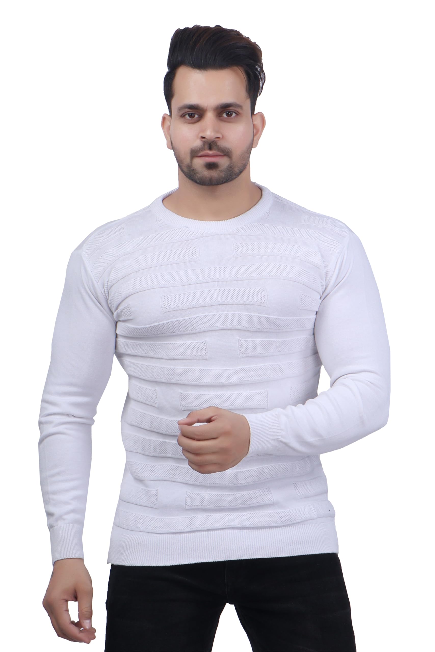 feverfew Fashinable Men Pullover Sweater | Full Sleeve | Round Neck | Cotton Fabric | Winter Warmth | Casual Striped Sweater-picture-12
