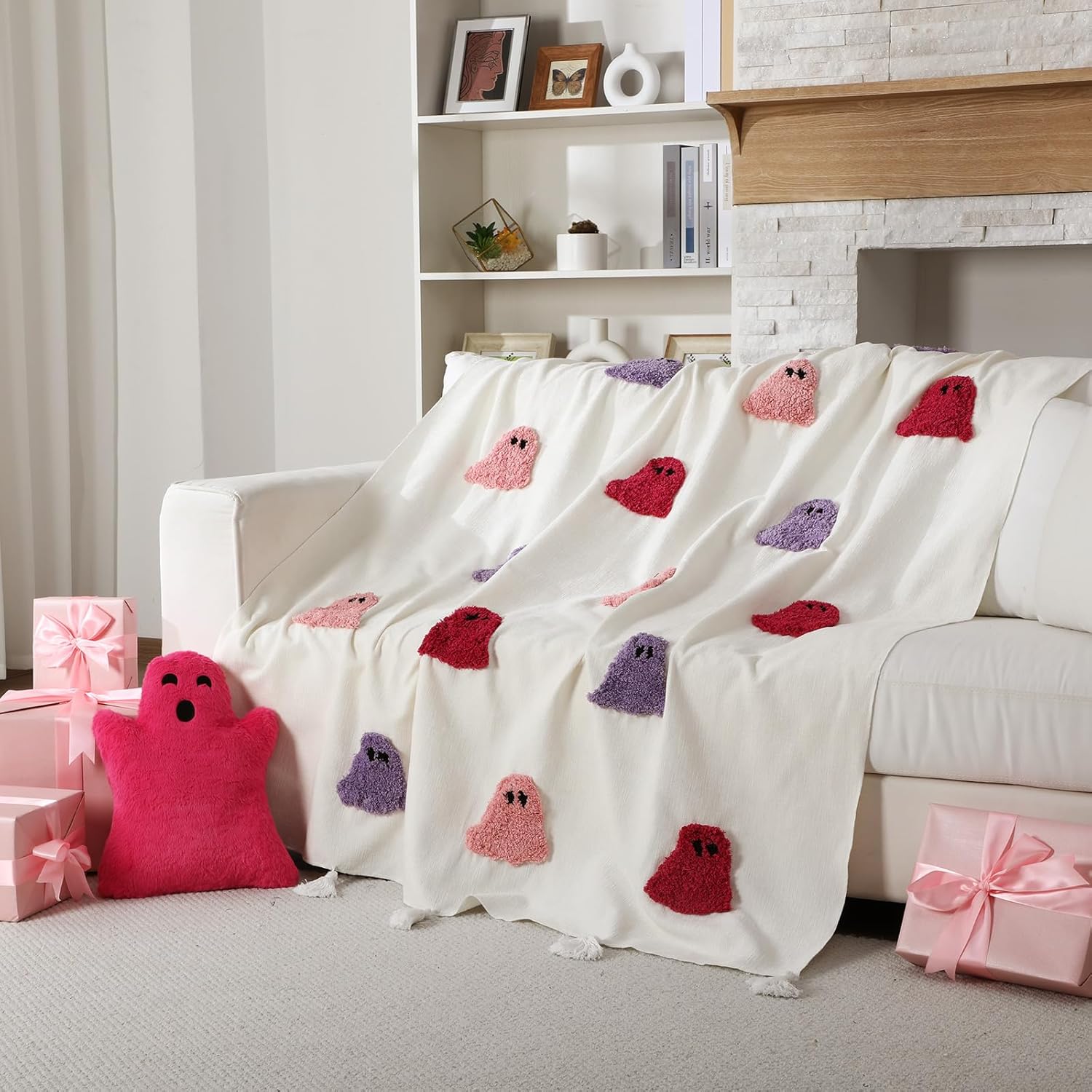 Halloween Ghost Throw Blanket and Pillow Set, 50 x 60 Inch Multicolor Tufted Chenille 3D Ghost Tassels Blanket and Pillow Set for Bedroom Living Room Sofa Couch and Lightweight Travel