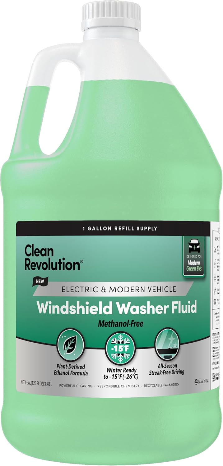 Clean Revolution EV Windshield Washer Fluid 128oz - Methanol-Free, Plant-Based, -15°F Winter Ready for EVs & Performance Cars