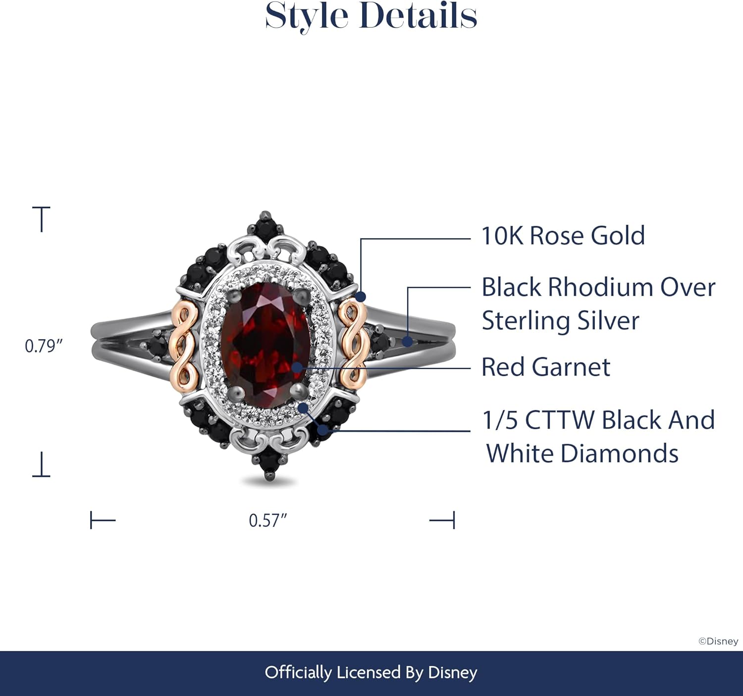 Jewelili Enchanted Disney Fine Jewelry Evil Queen Ring for Women | Black Rhodium over Sterling Silver & 10K Rose Gold | 7X5MM Oval Garnet & 1/5 CTTW Black & White Diamonds | Villain Gifts for her