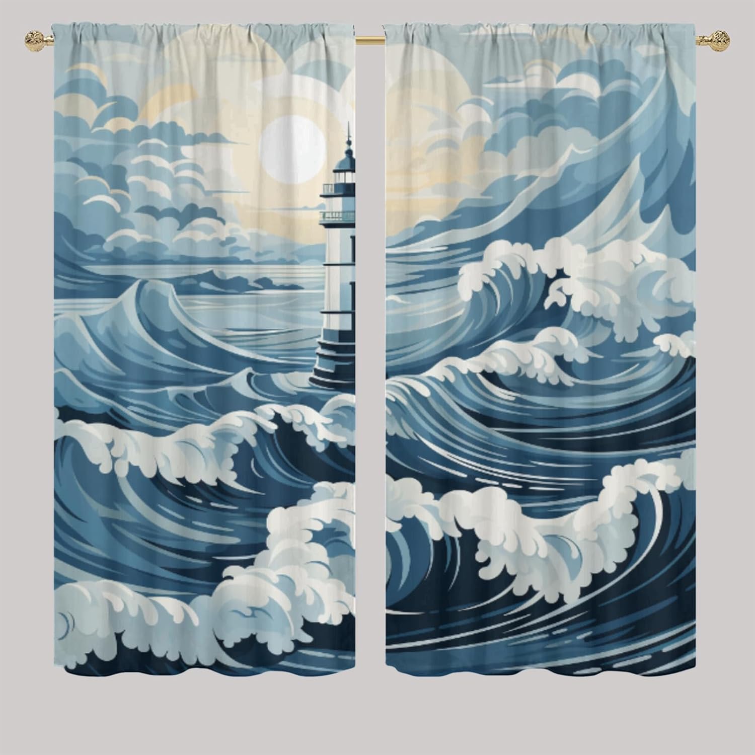 Coastal Lighthouse, Blackout Curtains for Bedroom Sunrise Blue Ocean Sailboat Nautical Rod Pocket Light Reducing Curtain Panels for Living Room 42x45 Inch