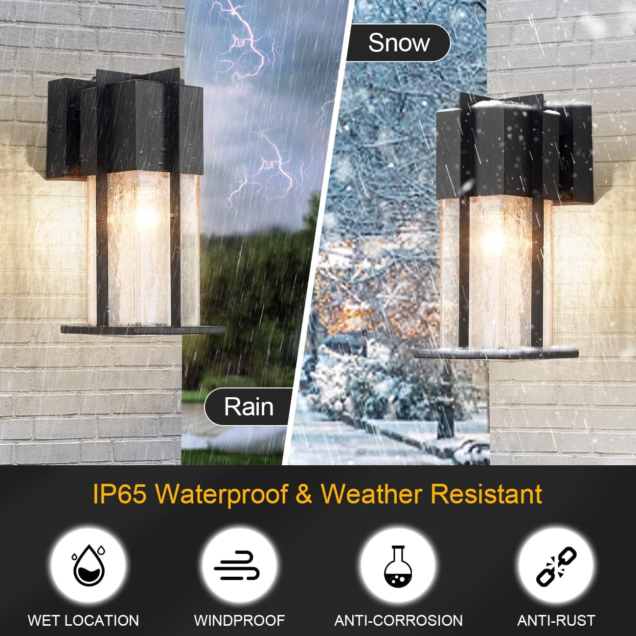 Dusk to Dawn Wall Light, Modern Outdoor Wall Lighting with Crackle Glass, Exterior Wall Mount Light Fixture with Sensor, Outdoor Lights for House, Garage, Front Door Light, Black