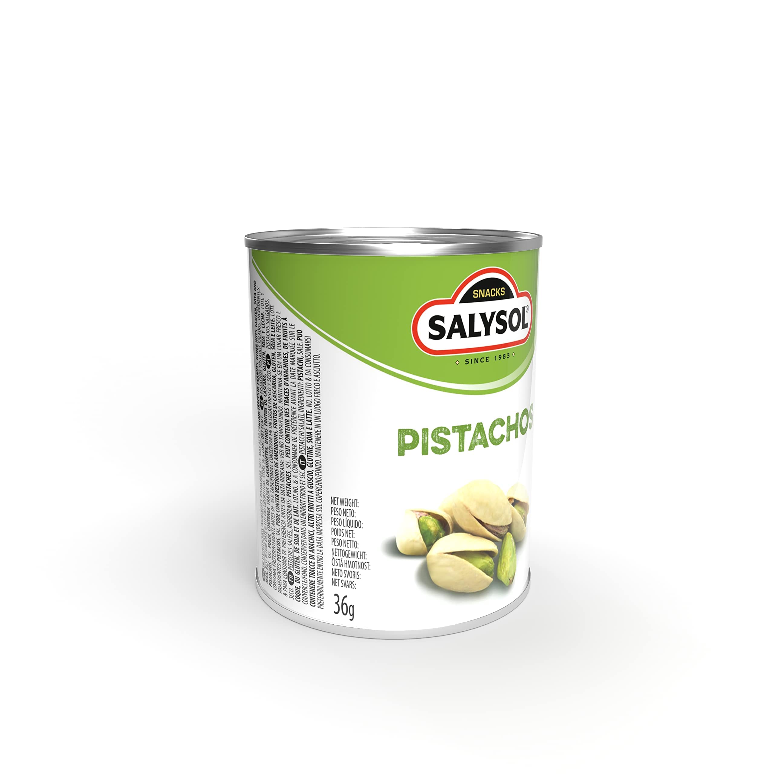 SALYSOL | Pistachos aperitivos salados envasados al vacío 10x36 gramos.