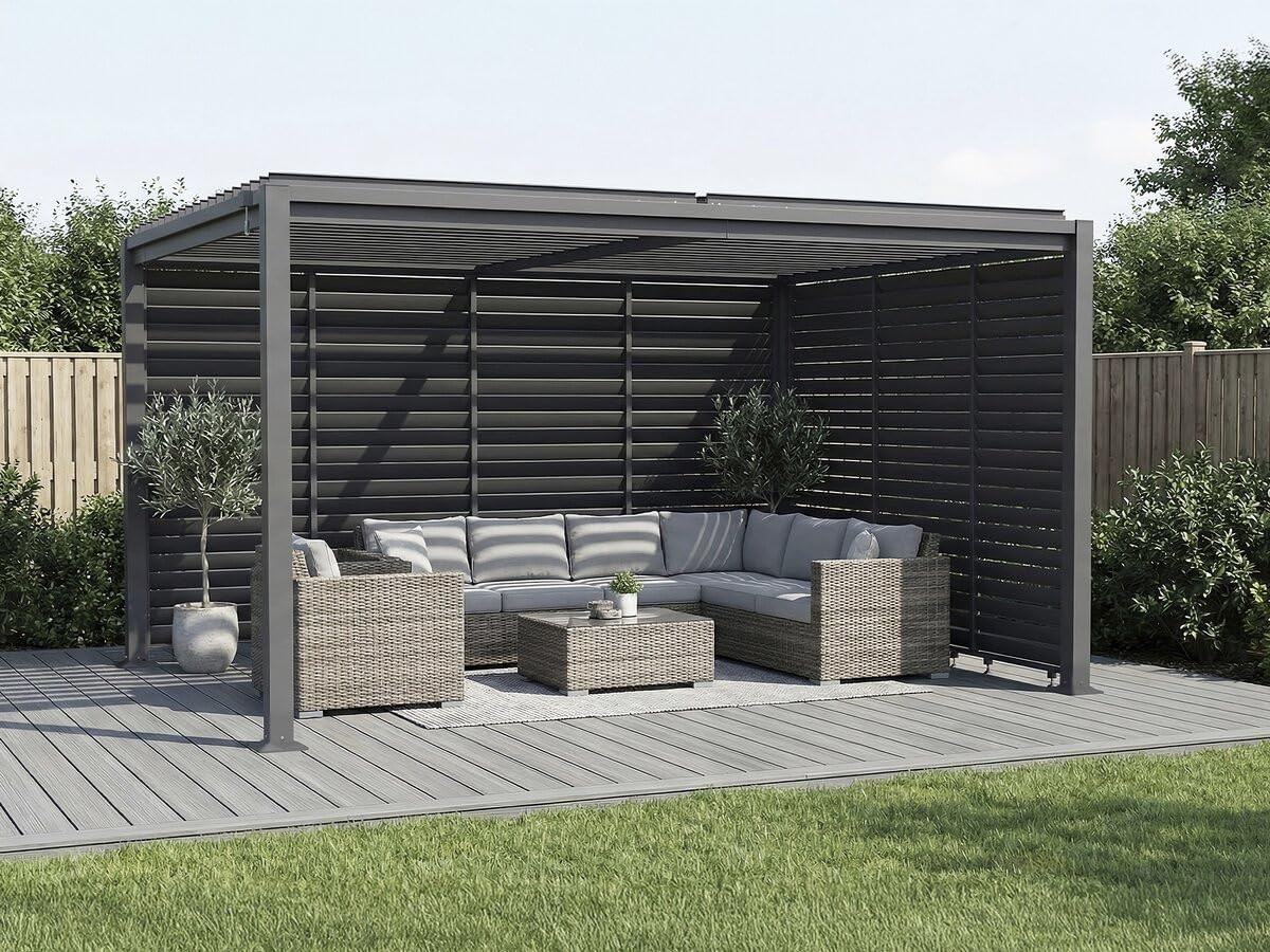 Pergola bioclimatique avec 7 persiennes en Acier galvanisé Howard - 3 x 4 m - Gris