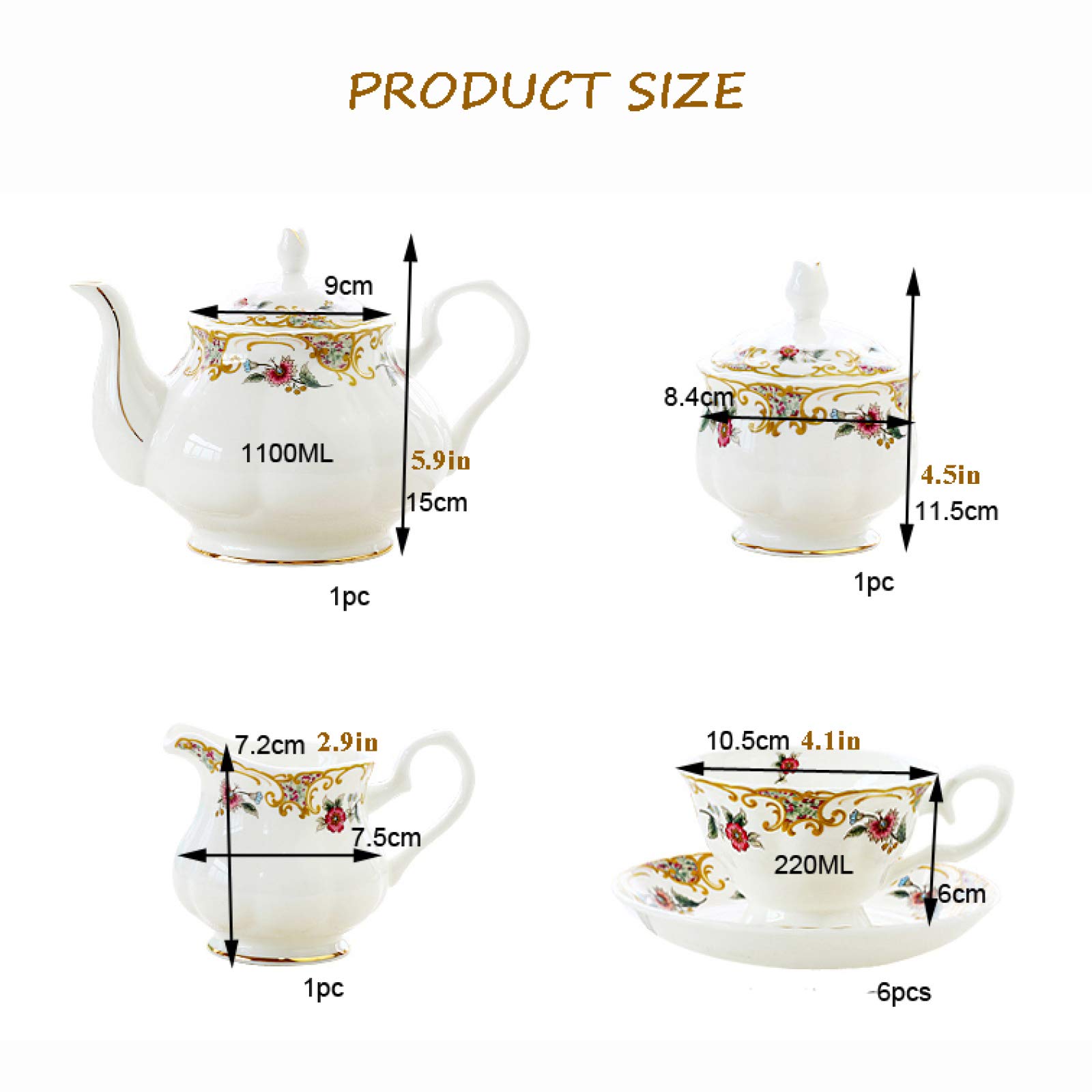 Zestaw filiżanek do espresso, kubki kawy, 15 sztuk zestawów herbaty dla dorosłych z dzbankiem Popołudniowa filiżanka i spodek porcelany kostnej Cukiernica dzbanek na mleko Prezent ślub