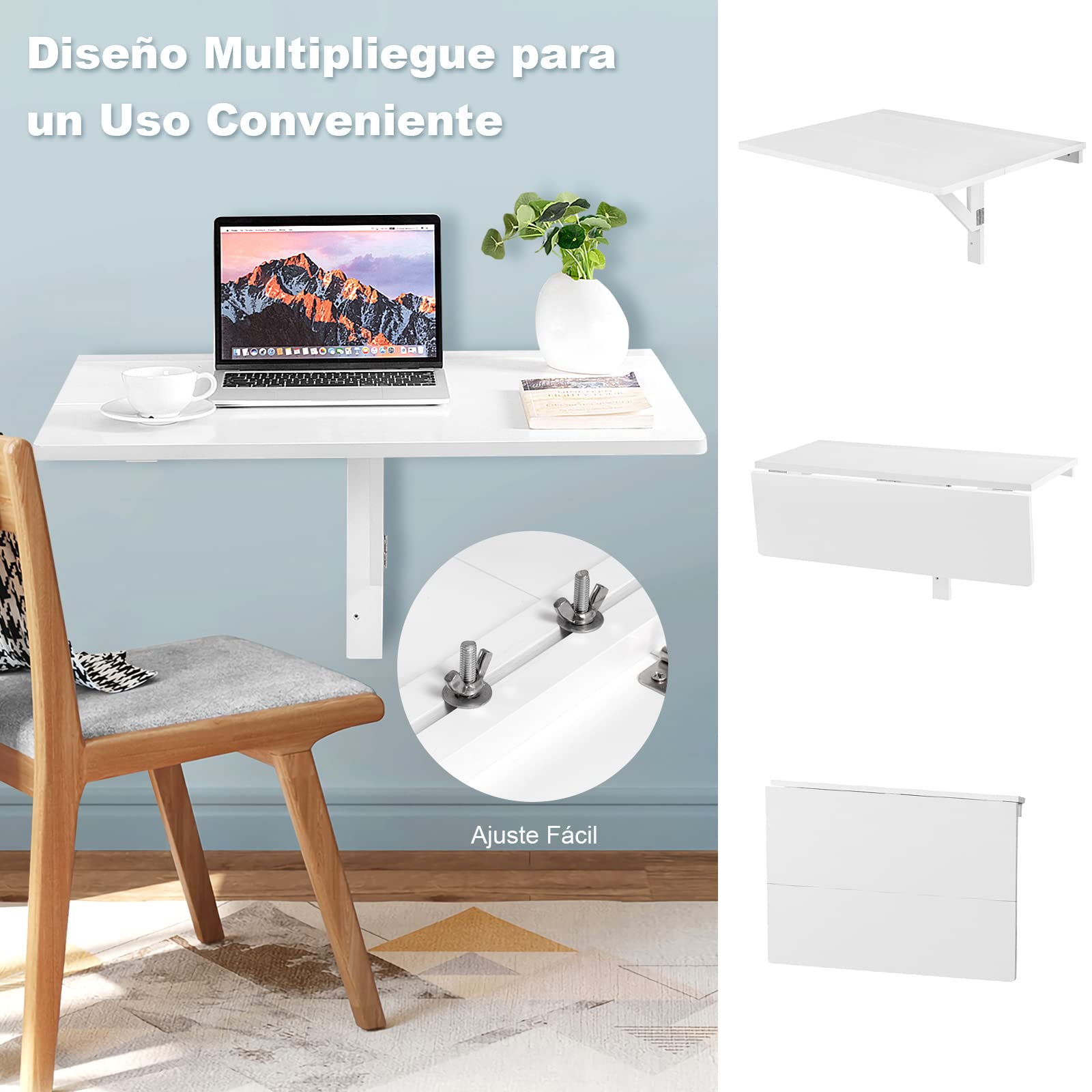 COSTWAY Mesa Plegable Pared de 80 cm x 60 cm, Escritorio Flotante para Espacios Pequeños, Estación de Trabajo Plegable para Cocina, Dormitorio, Lavadero, Estudio (Blanco)