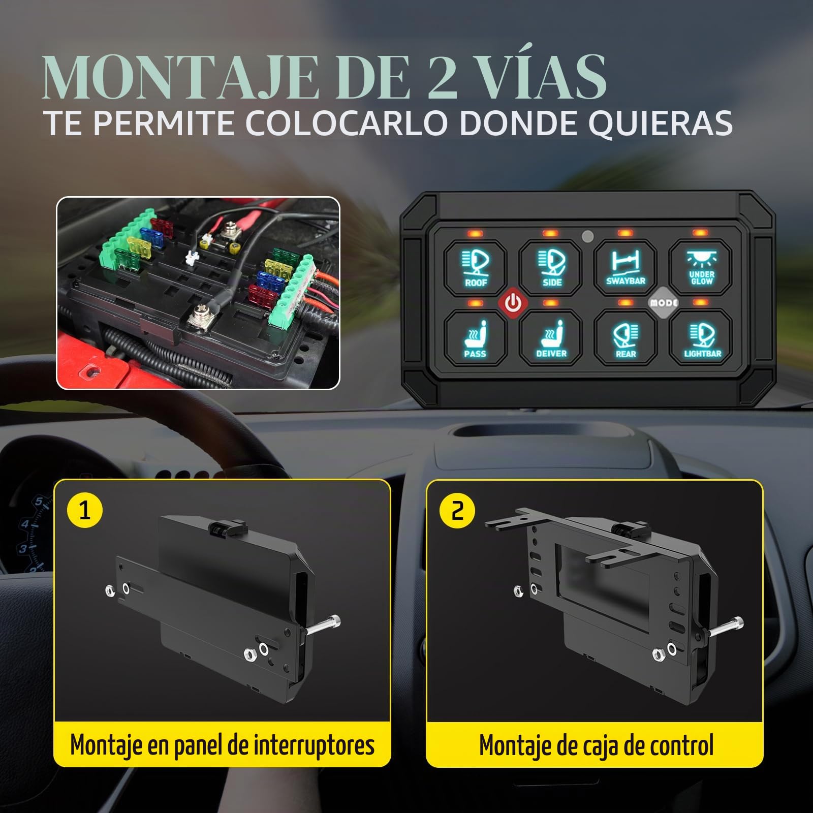 Panel de interruptor de 8 marchas, sistema de relé de circuito universal | conmutación inteligente y LED regulable, panel táctil RGB de siete colores para coche