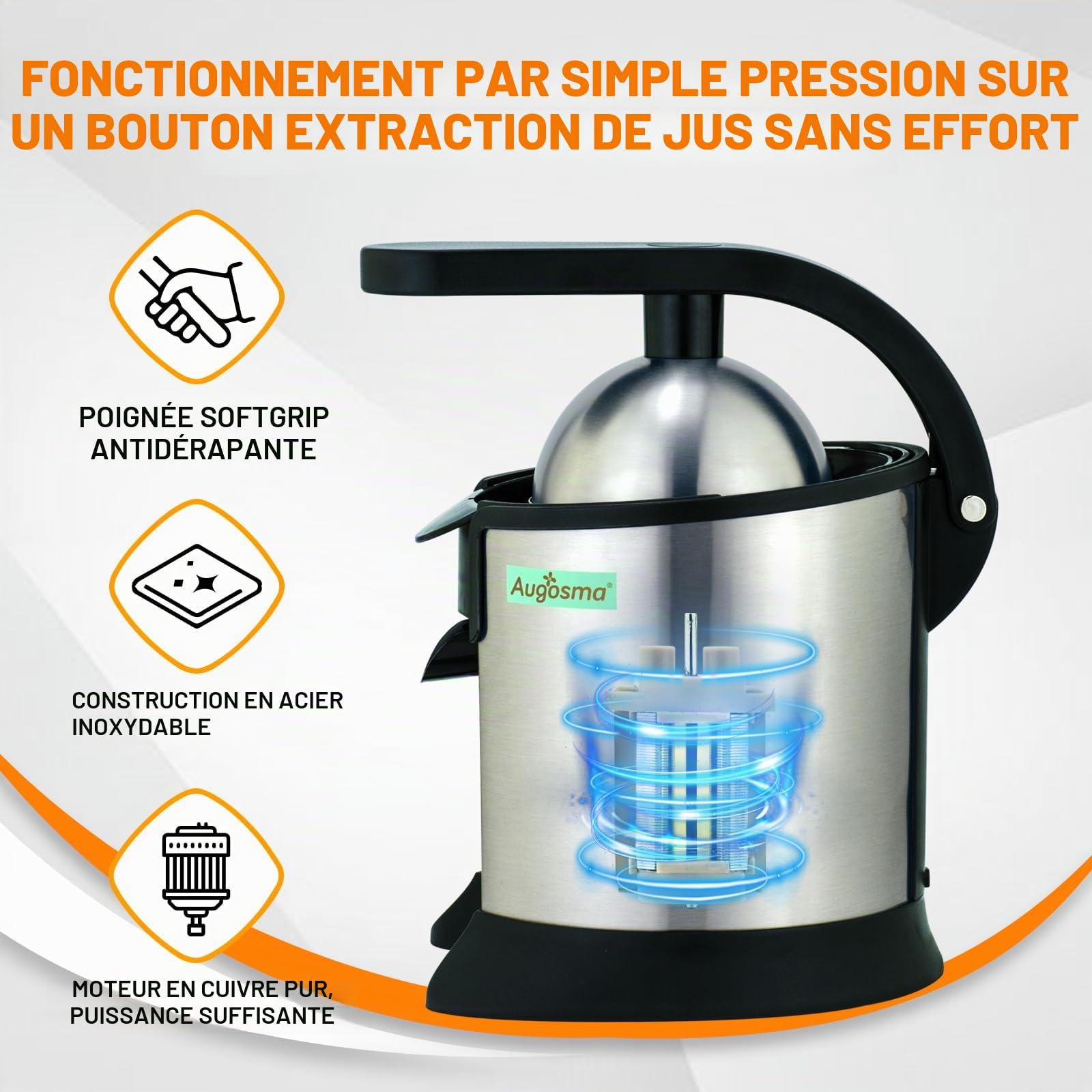 Presse-agrumes électrique de haute qualité, adapté aux oranges, citrons et pamplemousses, acier inoxydable brossé, facile à nettoyer et à utiliser (noir+argent)