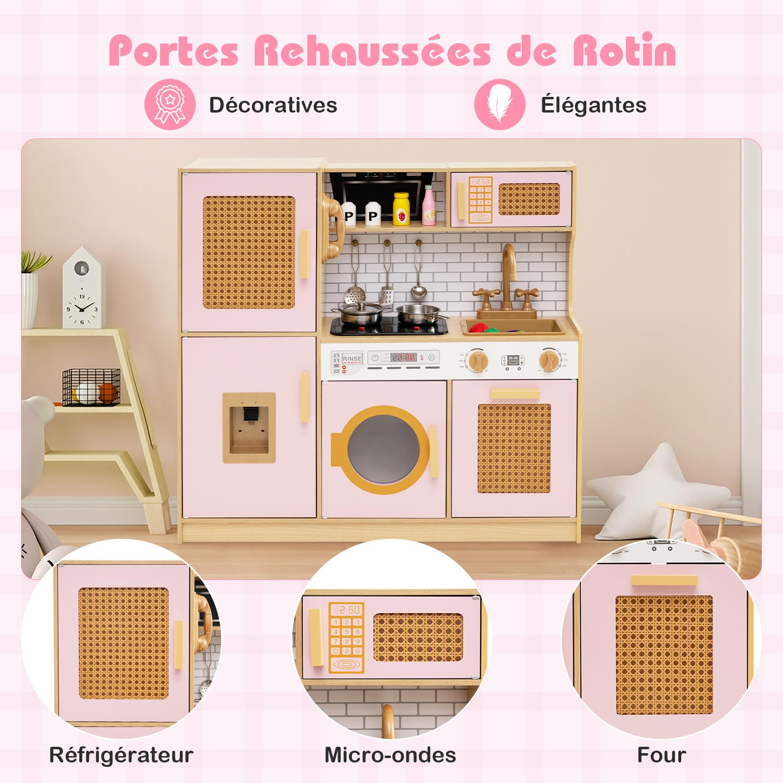 COSTWAY Cuisine Enfant avec Lumière & Effet Sonore, Cuisiniere Enfant avec Distributeur d'eau & Machine à Laver & Four, Portes en Rotin, Jeu de Cuisine pour Garçons Filles de 3 Ans+ (Rose)