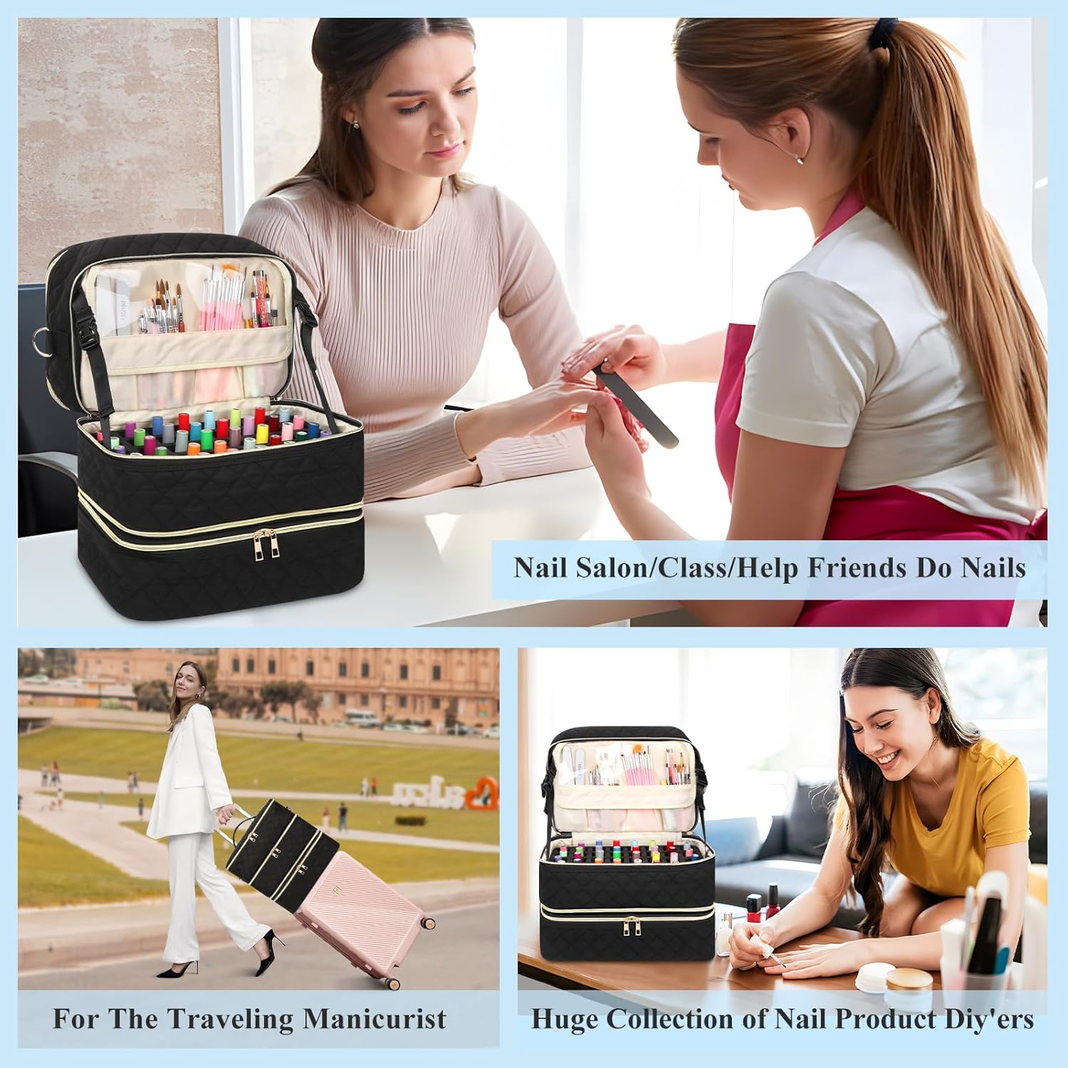 Nail Polish Organizer, 3-Layer Case Holds 80 Bottles and Includes Nail Lamp, Detachable Layer, Shoulder Strap