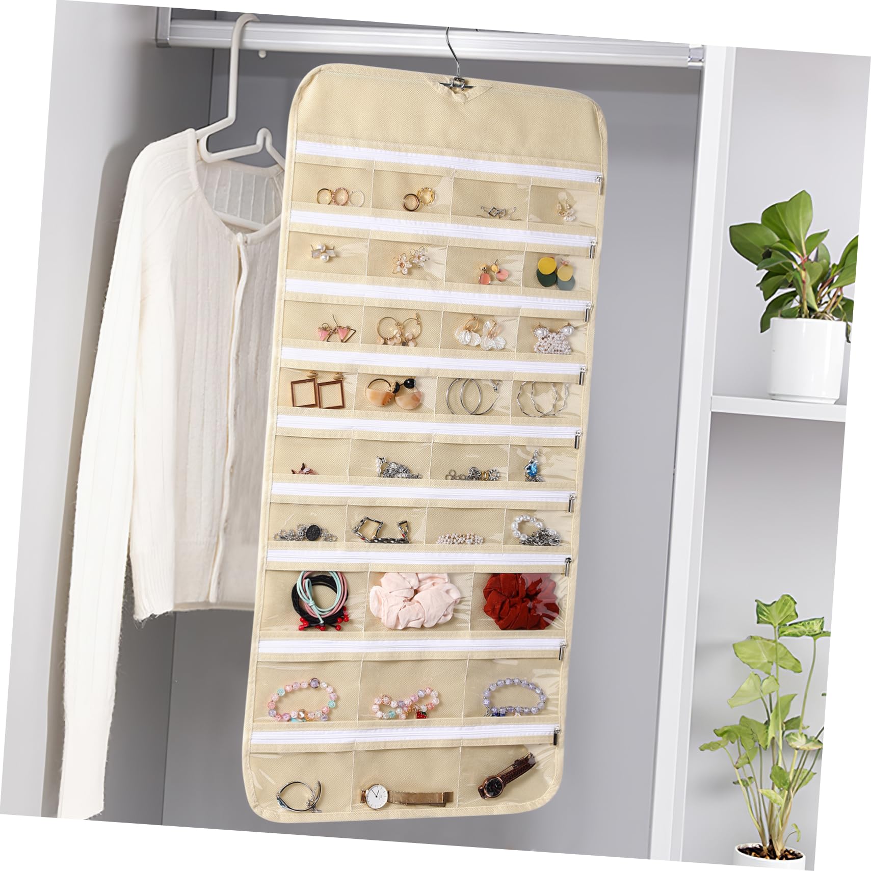 Hanging - Organizer per gioielli con 66 tasche, doppio lato, per orecchini, collane, bracciali, anelli, armadietti