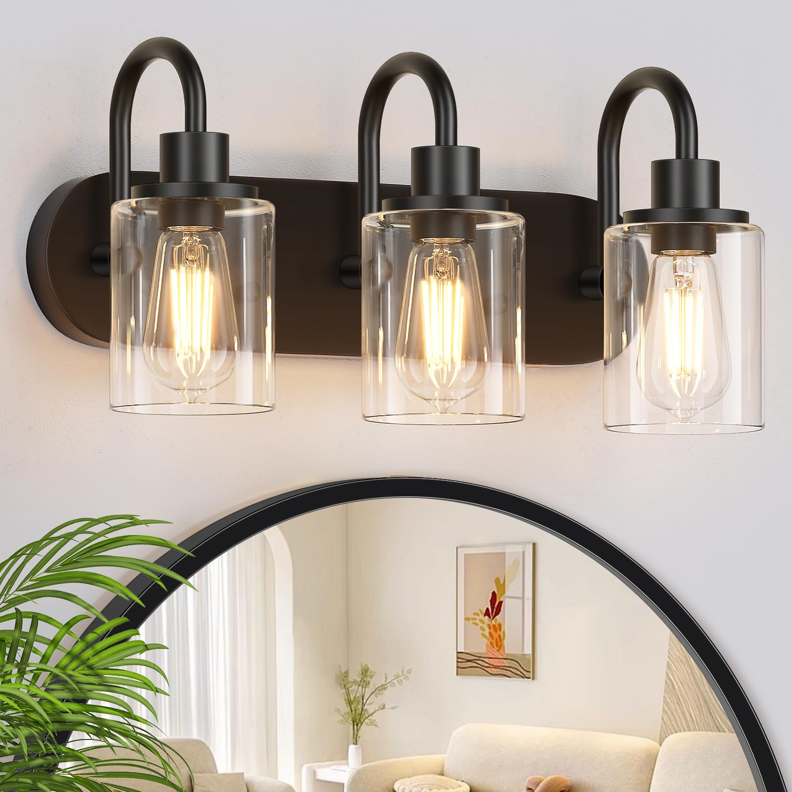 3-Light Bathroom Light Fixtures, Black Vanity Light Farmhouse Wall Sconces with Clear Glass Shade, Modern Bathroom Wall Lamp for Mirror Bedroom Hallway Living Room Cabinet