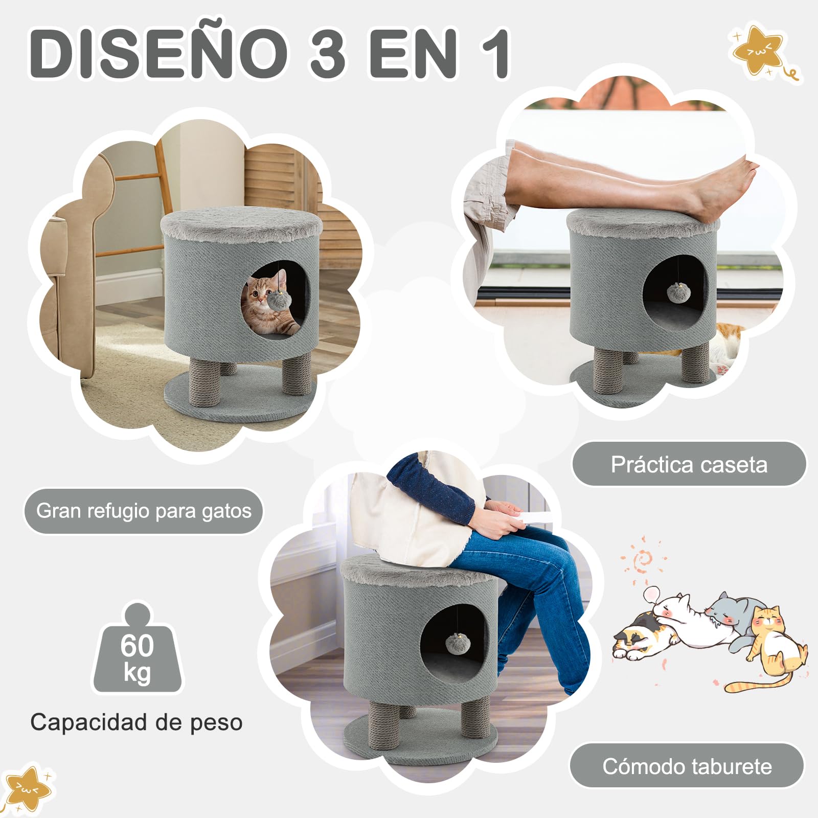 GYMAX Cueva para Gatos, Casa para Gatos con Funda Suave, Bola Colgante y Entrada Redonda, Árbol Rascador Acolchado con 3 Columnas para Rascar, Taburete Soporta hasta 60 kg (Gris)