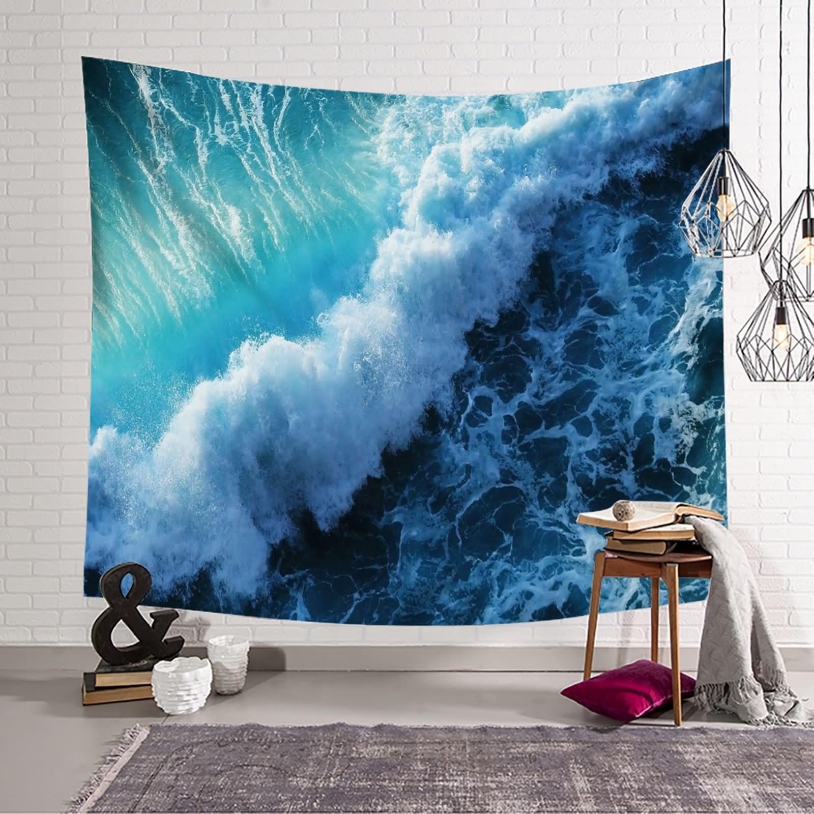 Aotiwe Chusty ścienne duże, gobelin Aesthetic fala morska zielony, biały, niebieski, dywan ścienny dla kobiet, 210 x 140 cm