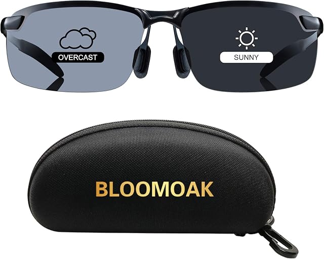 Bloomoak Photochromic Driving Glasses - Photochromism & Polarization | Adjustable Nose Pieces | Non-Slip Temple - For Sunny & Cloudy Day Driving | Fishing | Golf | Reduce Glare | UV400 Eyes Protection