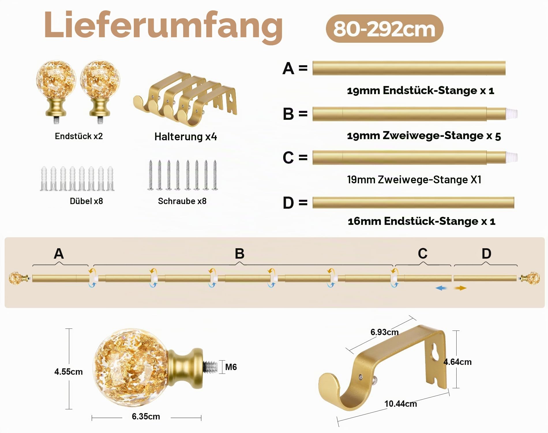 KAMANINA Gardinenstange Gold 80 to 292 CM, Dekorative Ausziehbar Vorhangstange für Fenster, Vorhangstangen mit Durchsichtigen Round Bling Endstück