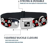 Vista 4 de Buckle-Down Collar de perro con hebilla de cinturón de seguridad, calaveras y estrellas, negro/blanco/rojo, 1 pulgada de ancho, se adapta a cuello
