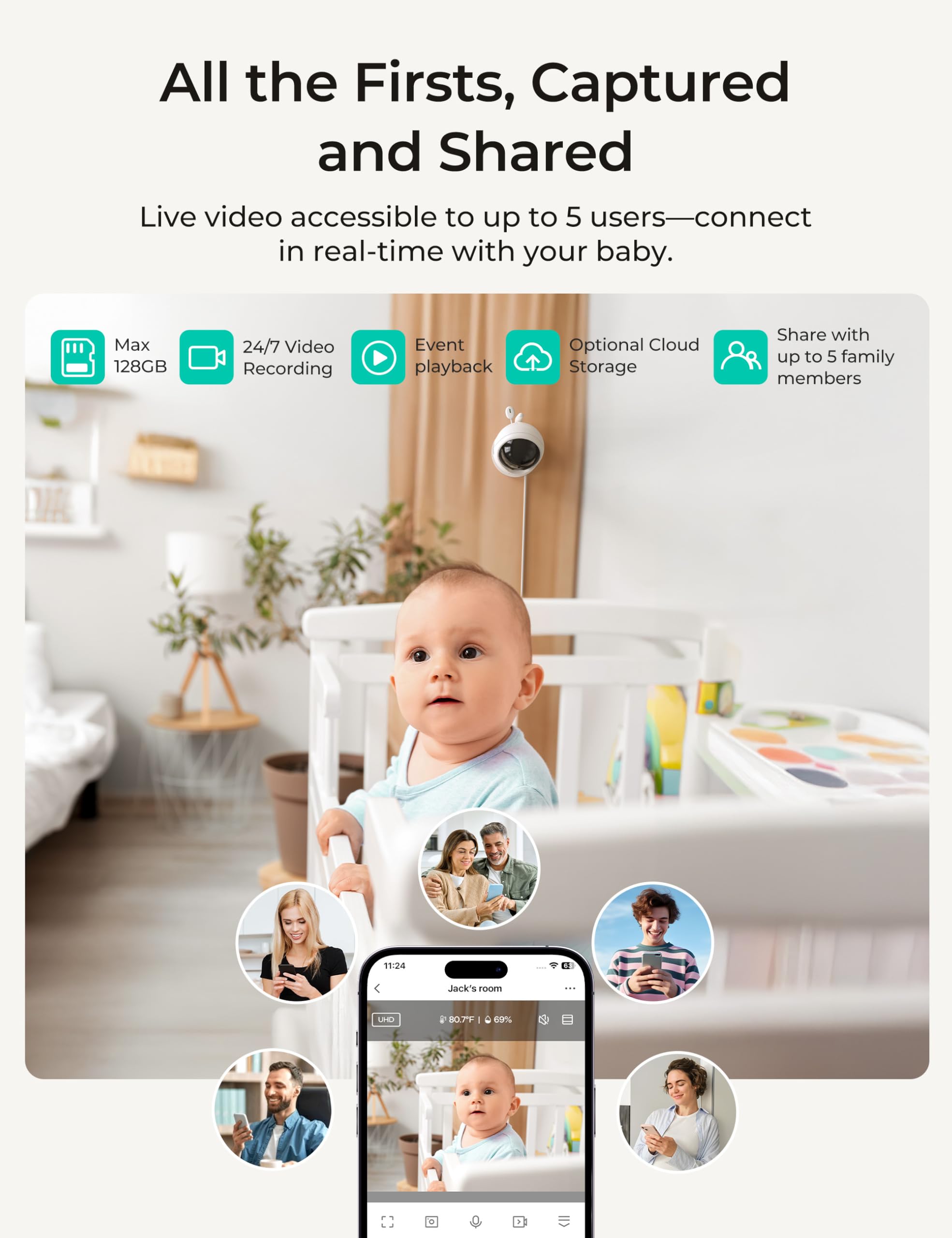 Dr.Care VistaView Lite Smart WiFi Babyphone - 2 telecamere, 4" 720P split-screen, controllo app 1080P, rilevamento del movimento (Baby Monitor con 1 Telecamera + 1 Supporto da Parete)