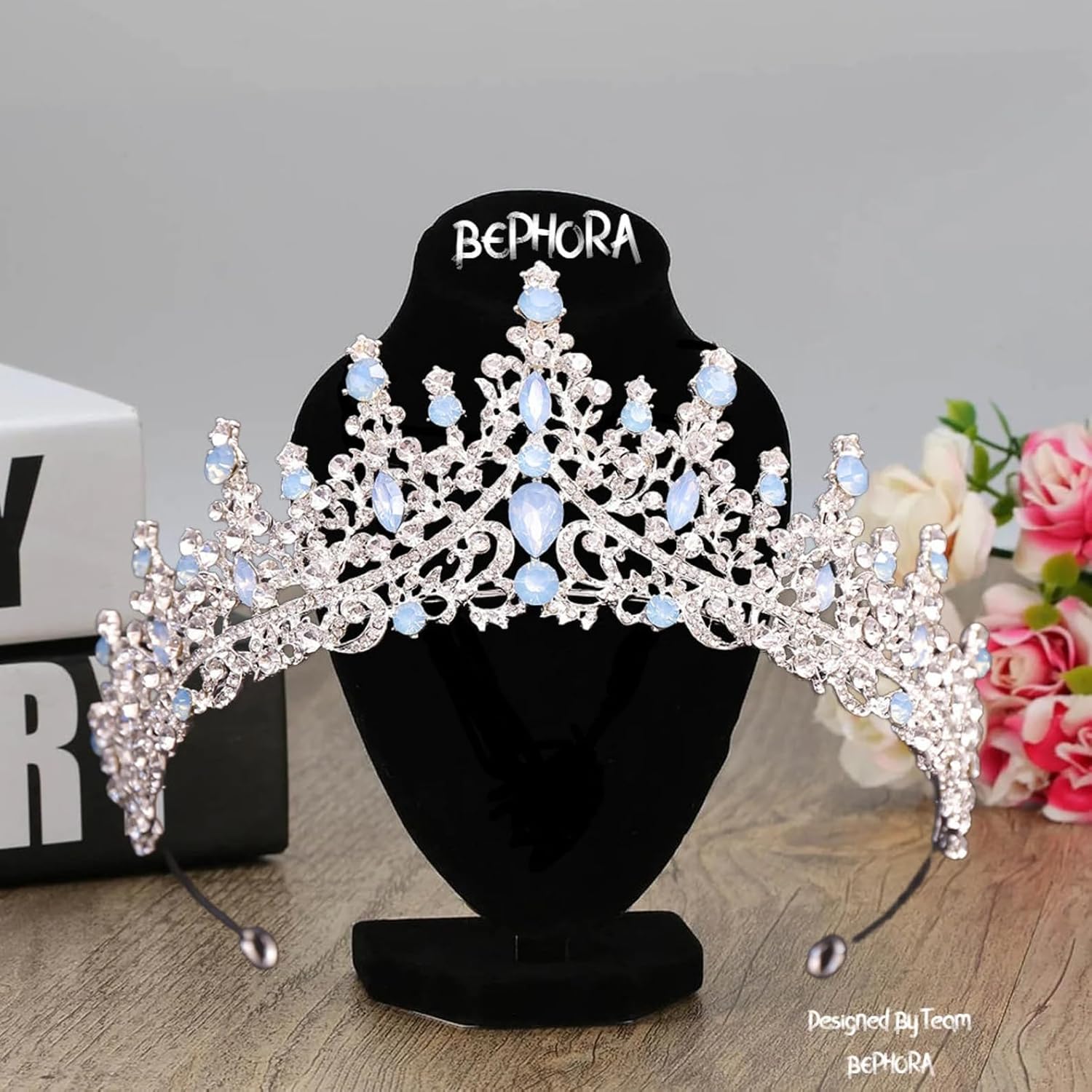 Silver Light Blue Opal Bridal Tiara Jewelry Set with Necklace & Earrings in Luxury Gift Box – Elegant Crown for Weddings, Prom & Graduation