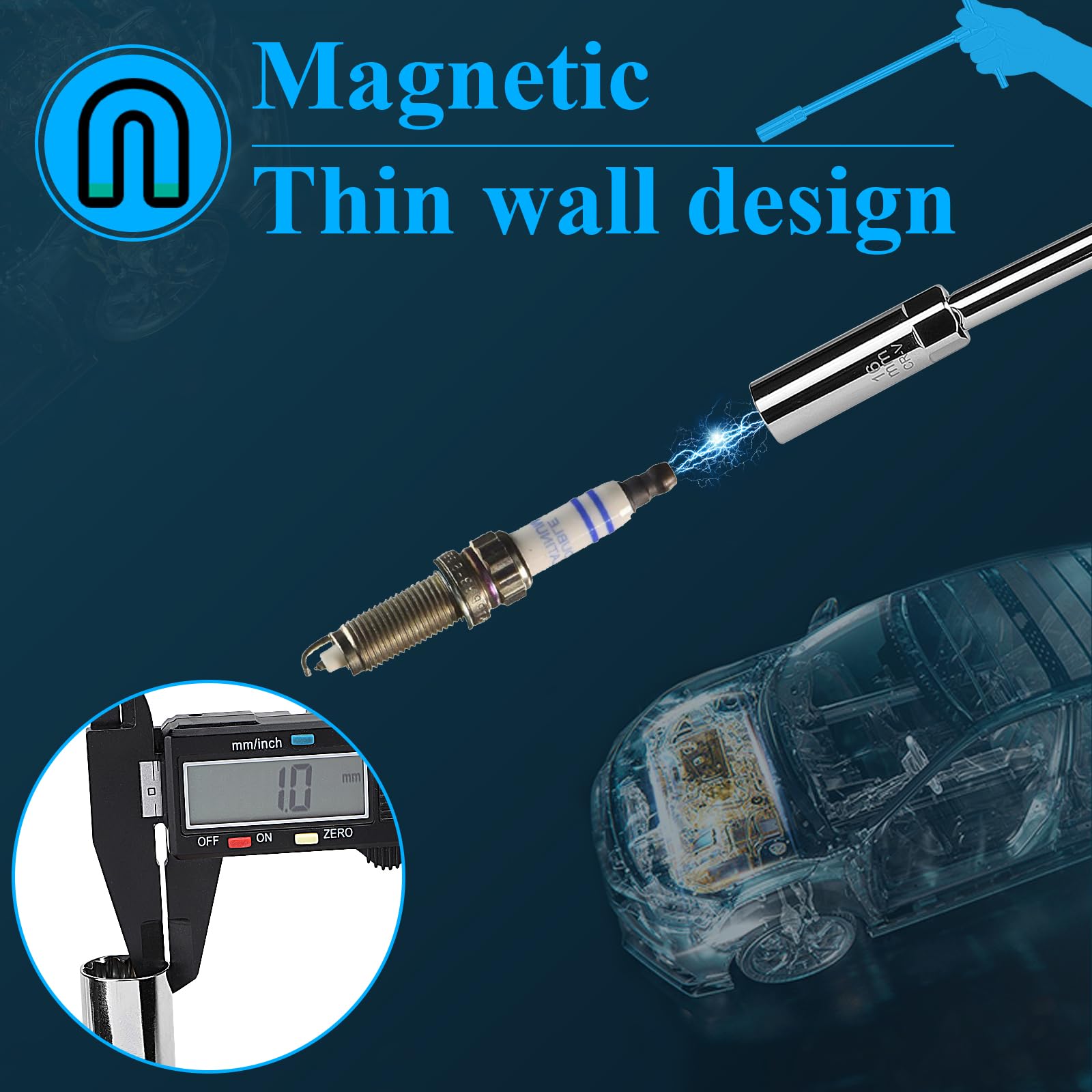 efuturetime Chiave Candela 14/16 mm Magnetica 3/8" a 12 Punti, Presa per Candela con Impugnatura a T Scorrevole Combinabile Flessibili per Auto