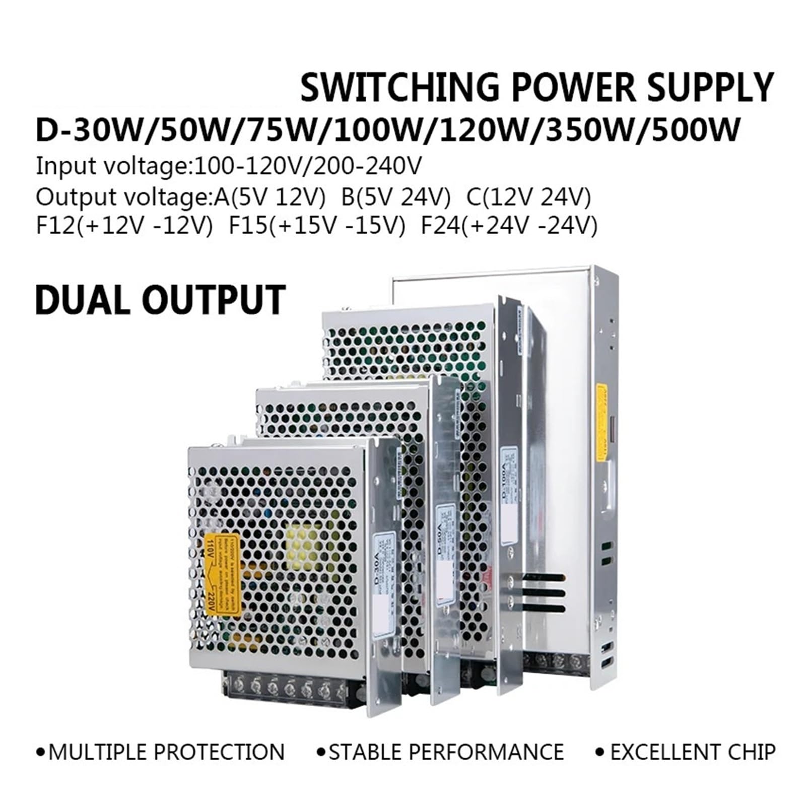 Alimentatore Switching CC A Doppia Uscita 30/50/75/100/120/350/500 W Alta stabilità | Trasformatore driver CA/CC 10 V -5 V 12 V -12 V 15 V -15 V 24 V -24 V(C(12V 24V),120W)