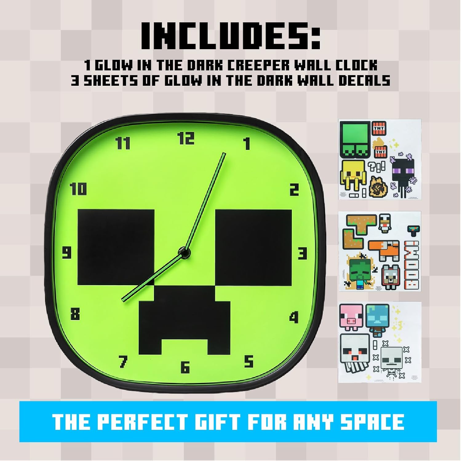 Minecraft Creeper Glow In the Dark Wall Clock - Officially Licensed Silent, Non-Ticking Clock - Includes 3 Sheets of Removable Minecraft Decals - Minecraft Room Decor for Boys | Paladone