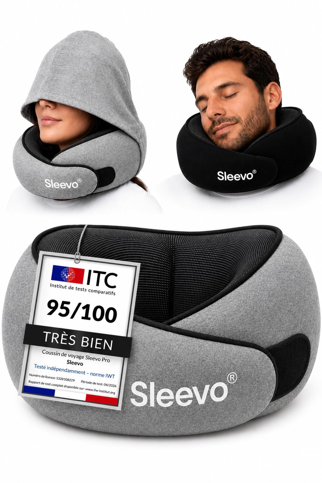 Pro Coussin de Nuque, Coussin de Voyage Avion - Coussin de Nuque de Voiture - Cale-Nuque pour Adulte - avec Capuche - Doux et Respirant (Gris L)