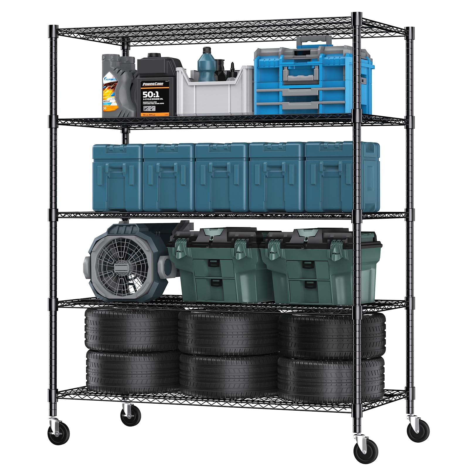 Himimi 5 Tier Wire Shelving with Wheels Heavy Duty Height Adjustable Metal Shelves for Storage, Commercial Grade Steel Utility Wire Rack for Kitchen Garage Pantry Organization-24×48×82, Black