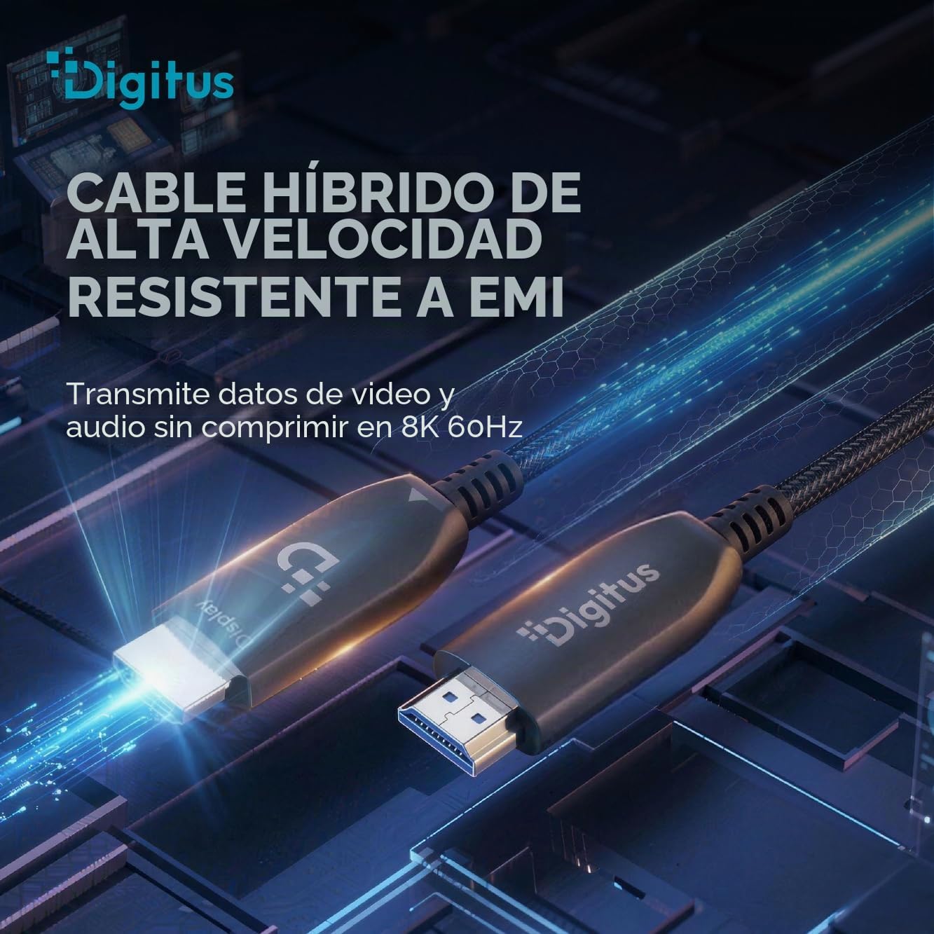DIGITUS Cable HDMI de fibra óptica – 10 m – UHD 8K 60 Hz 4K 120 Hz | HDMI 2.1 – 48 Gbps – eARC, HDR, HDCP 2.2, CEC – Cable híbrido AOC – Cable HDMI de FO – Negro