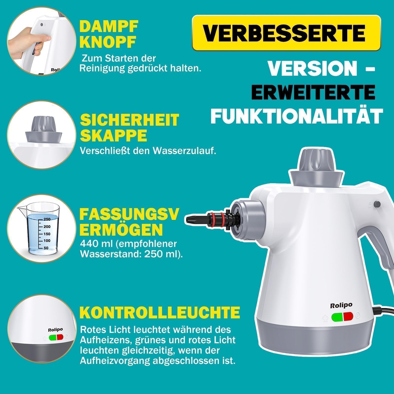 Rolipo Dampfreiniger Handgerät mit 12-Teiligem Zubehör, 1050W Steam Cleaner für Haushalt, Küche, Bad, Fenster, Polster & Auto–100% Chemiefrei, Hochdruck-Dampf gegen Schmutz Fett & Bakterien